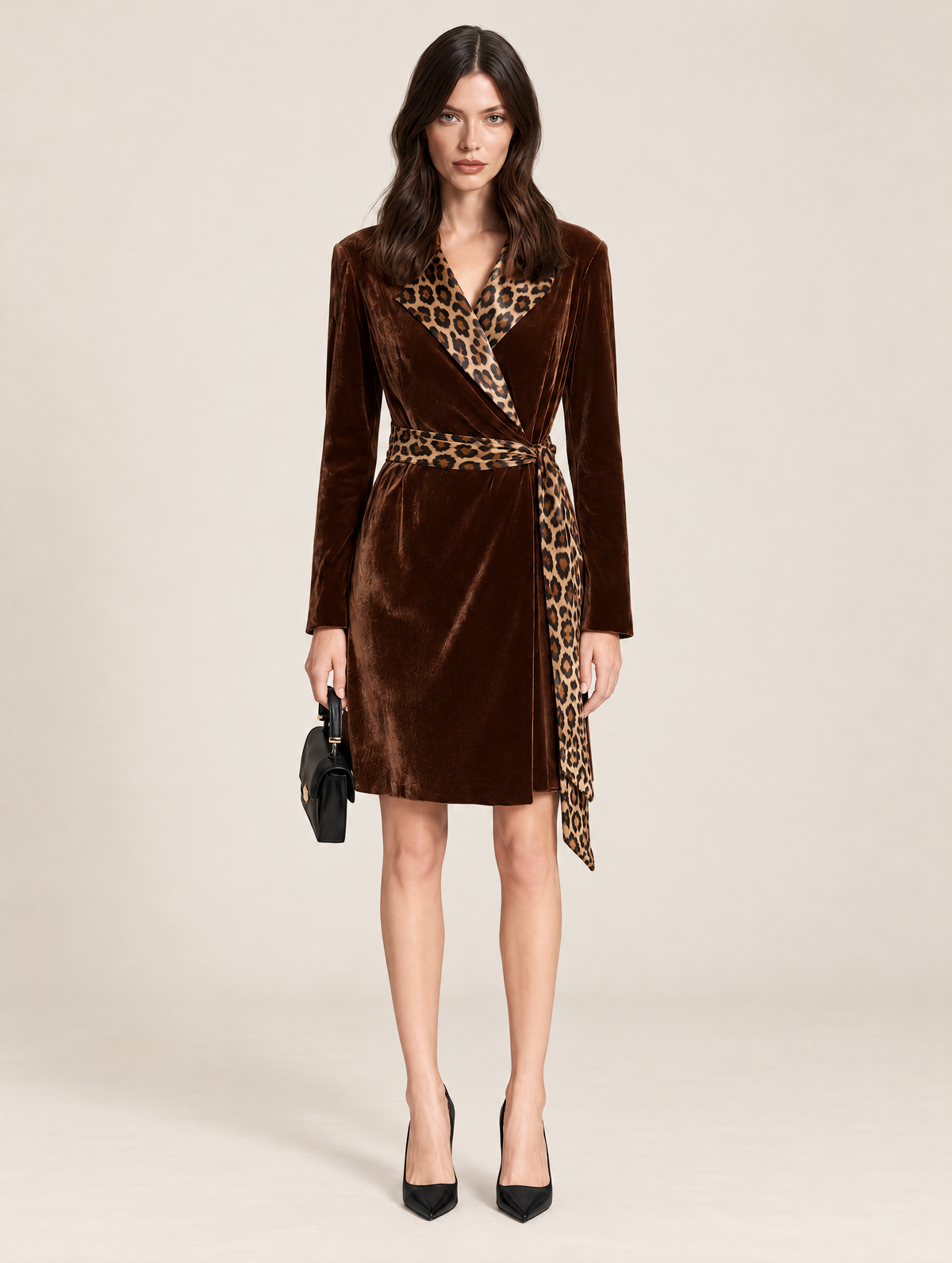Contrast Leopard Print Lapel Brown Velvet Wrap Dress