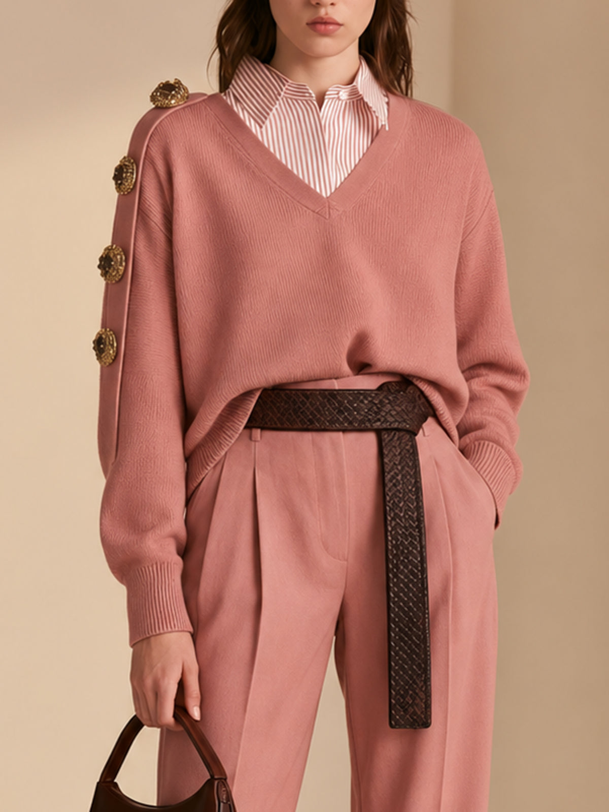 Ornate Gold Button Shoulder Detail Dusty Pink V-Neck Sweater