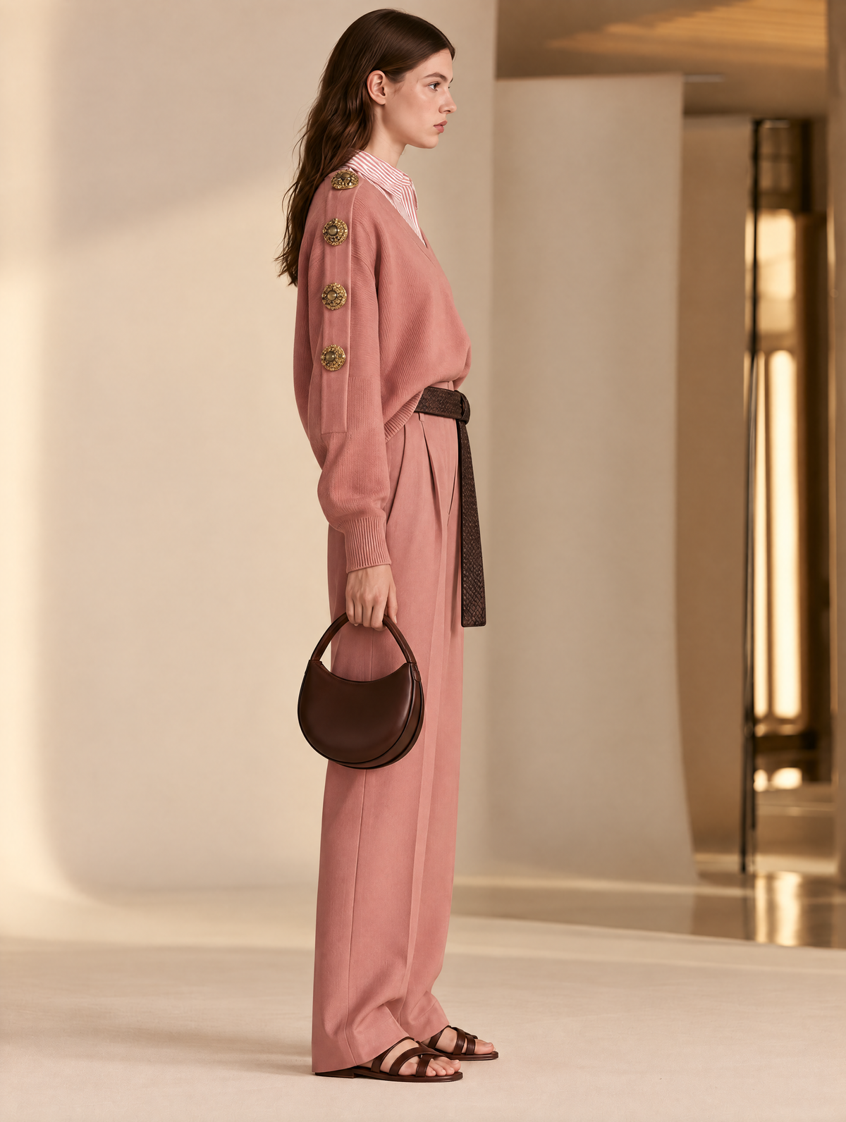 Ornate Gold Button Shoulder Detail Dusty Pink V-Neck Sweater