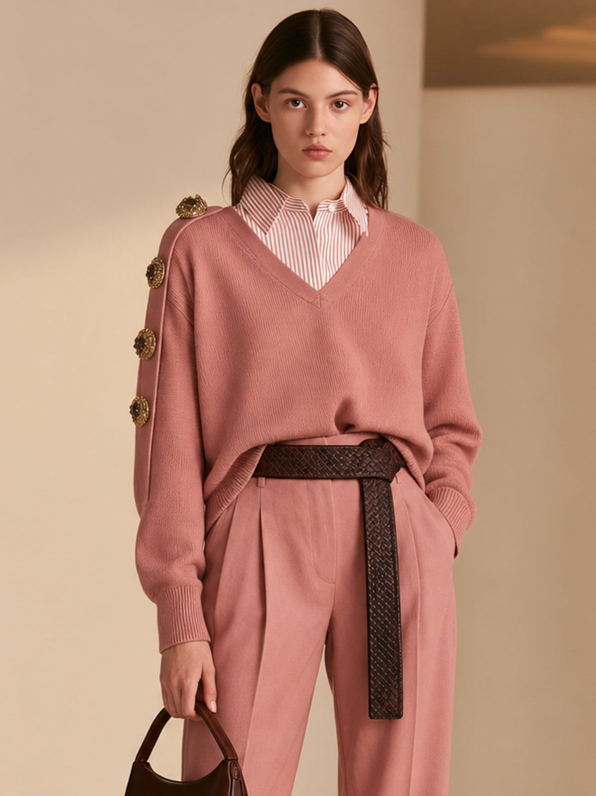Ornate Gold Button Shoulder Detail Dusty Pink V-Neck Sweater