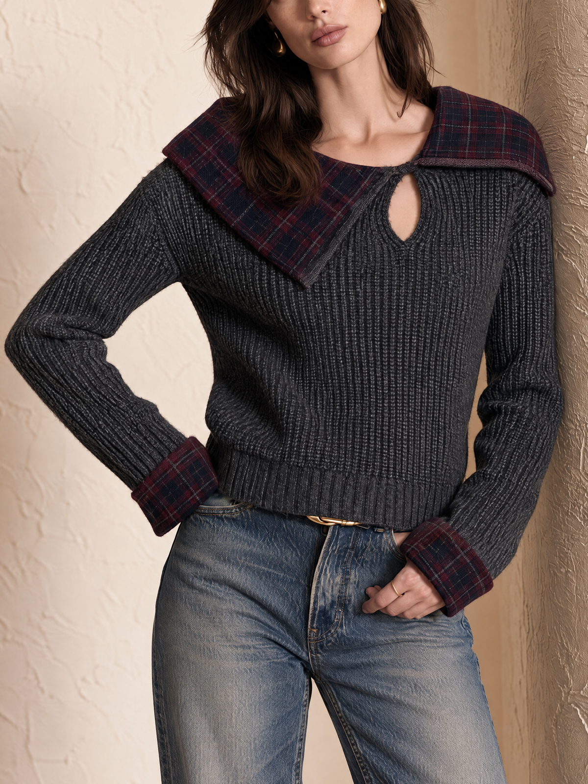 Charcoal Gray & Burgundy Plaid-Collar Wool Knit Sweater