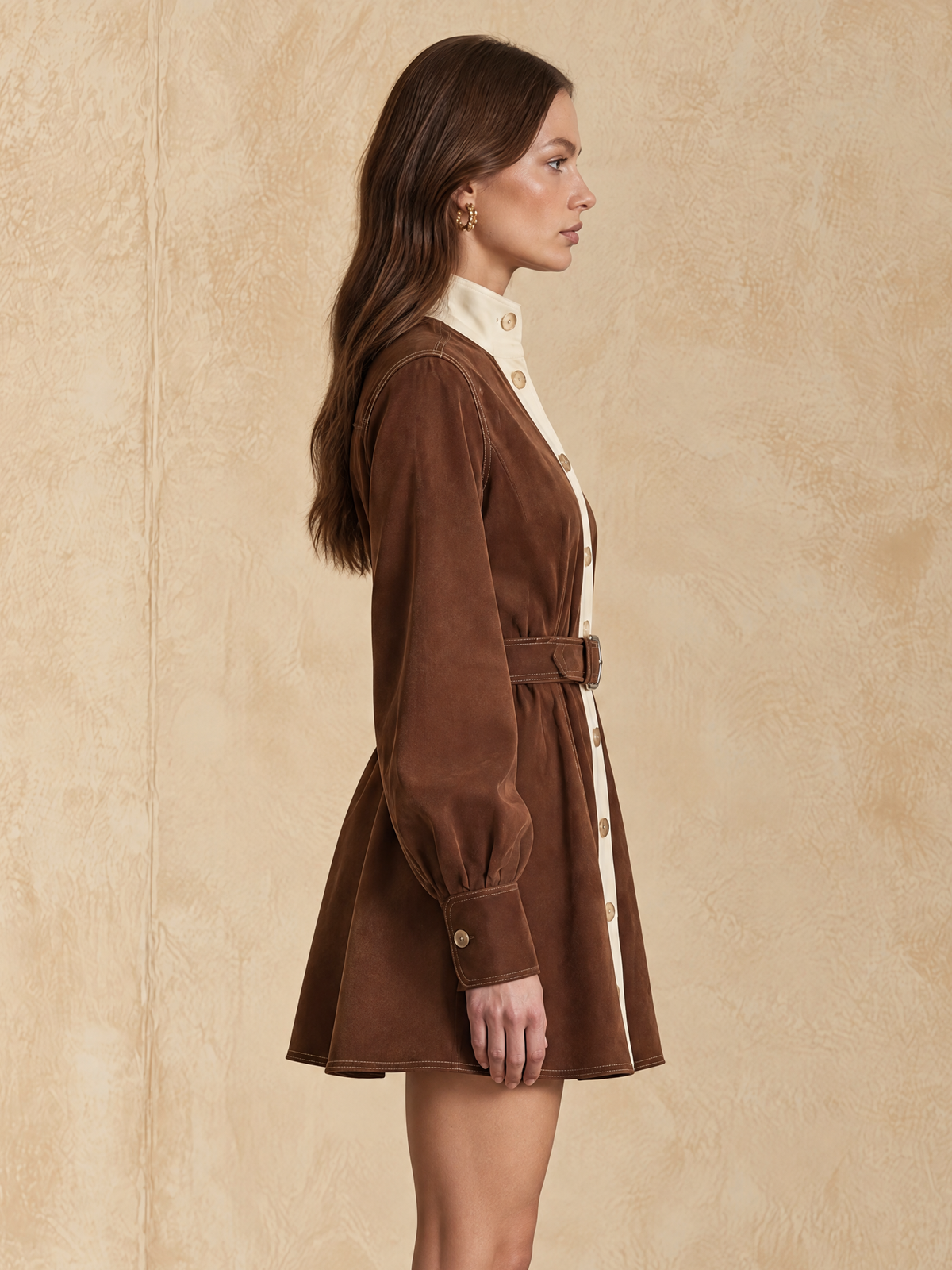 Reddish Brown And Ivory Contrast Panel Suede Mini Dress