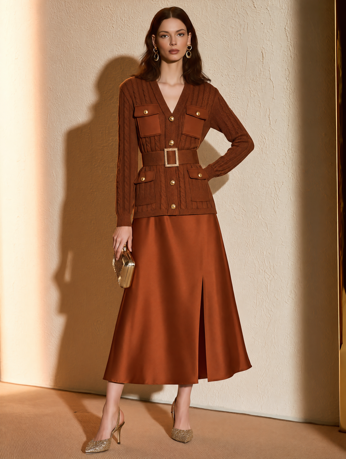 Rust Brown Satin-Trim Cable-Knit Wool Cardigan