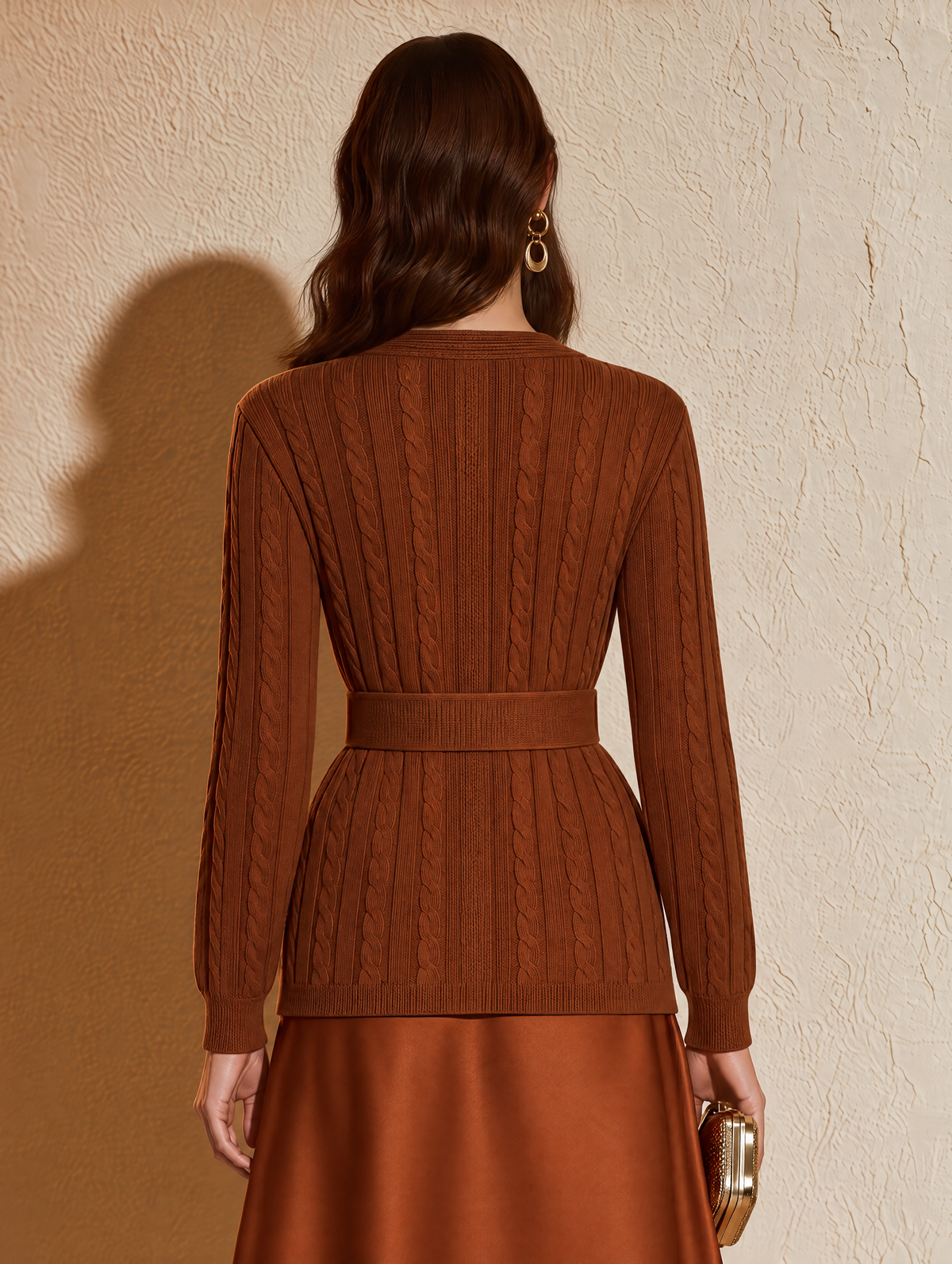 Rust Brown Satin-Trim Cable-Knit Wool Cardigan