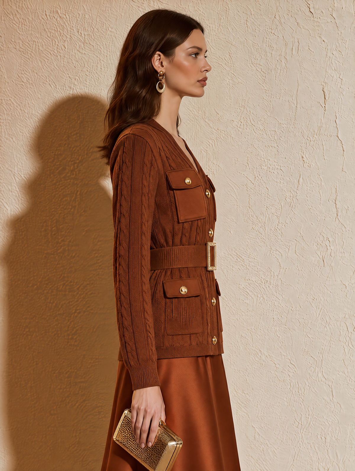 Rust Brown Satin-Trim Cable-Knit Wool Cardigan