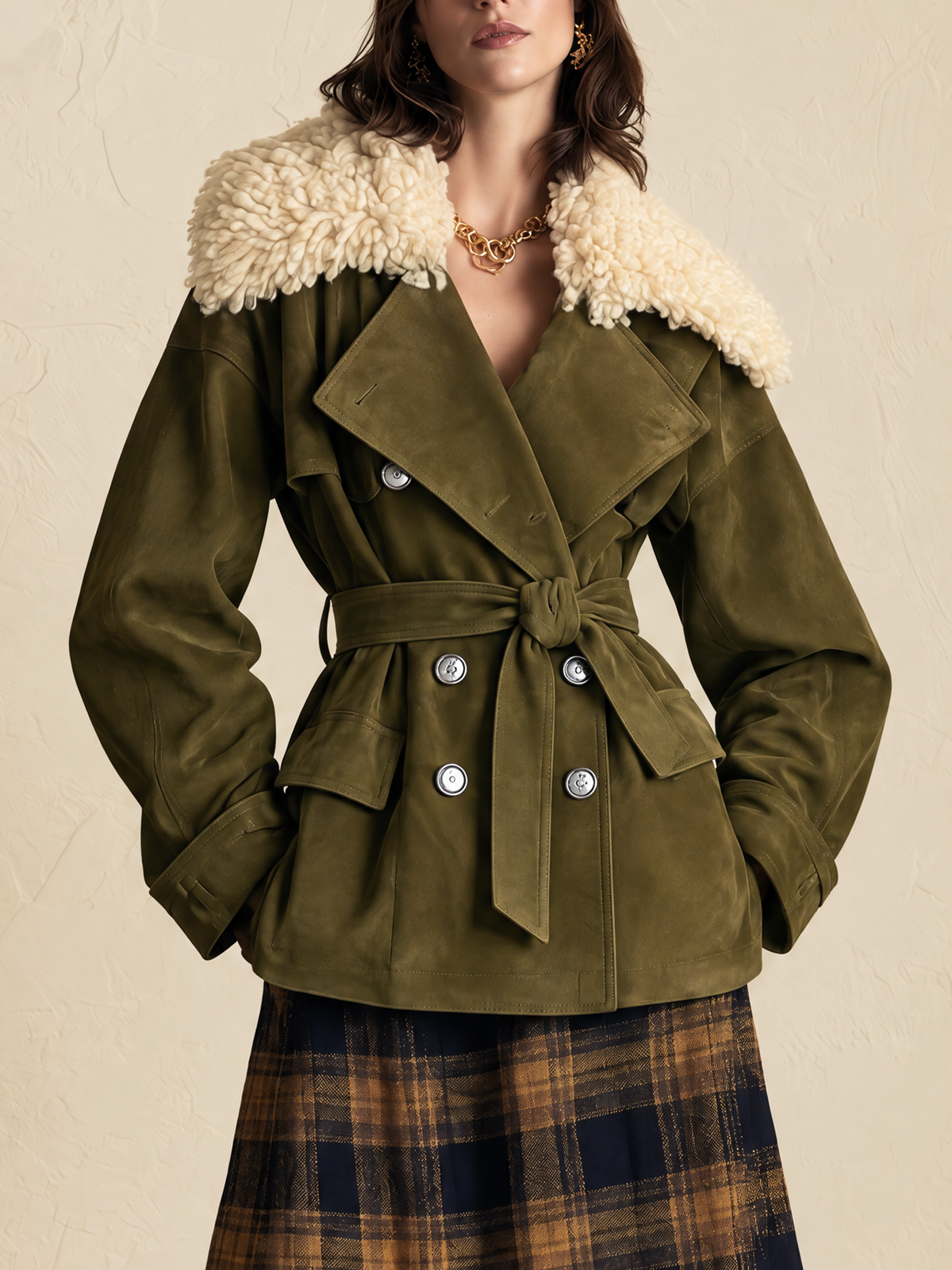 Olive Green Jacket With Beige Fur Collar