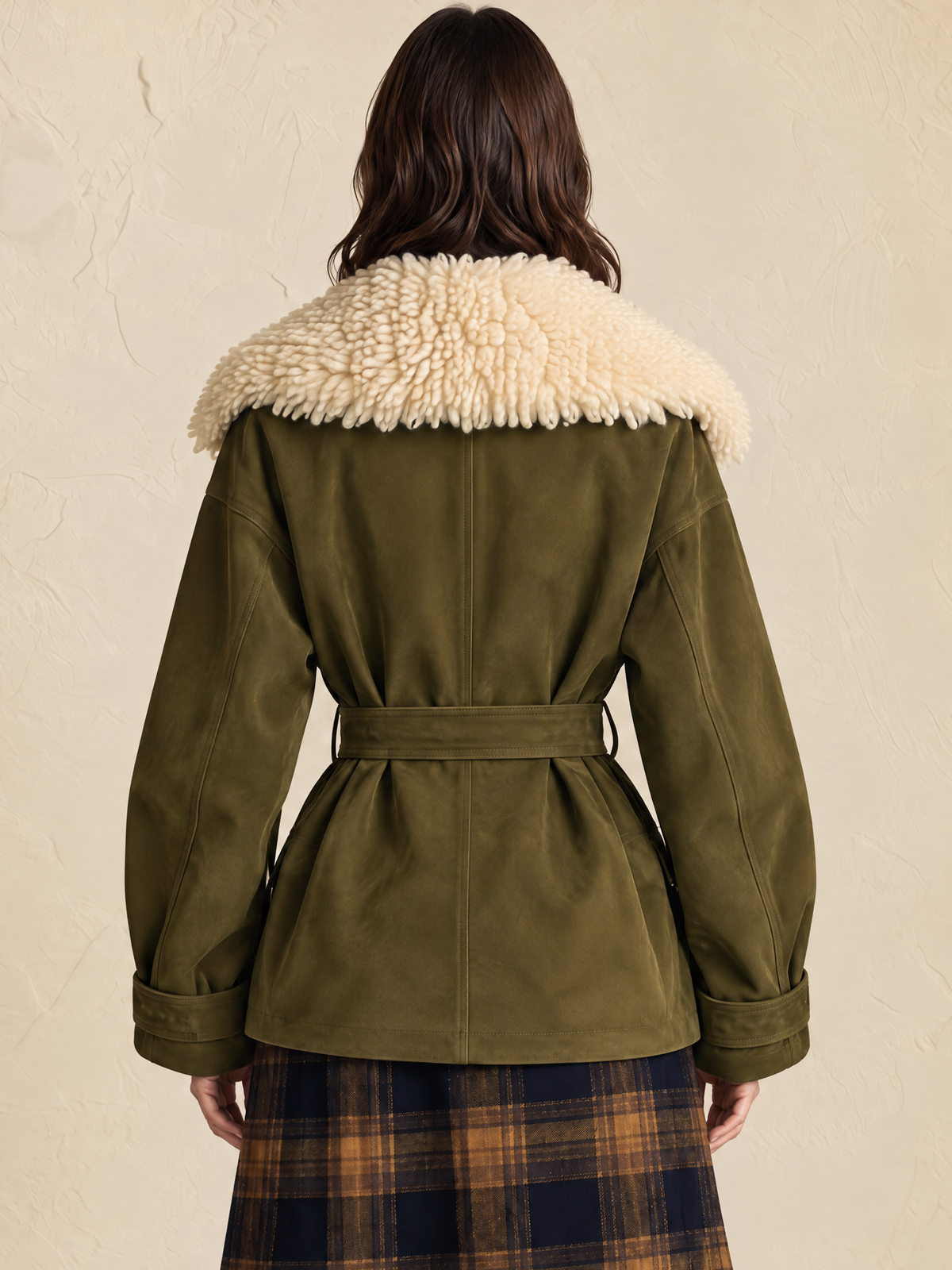 Olive Green Jacket With Beige Fur Collar