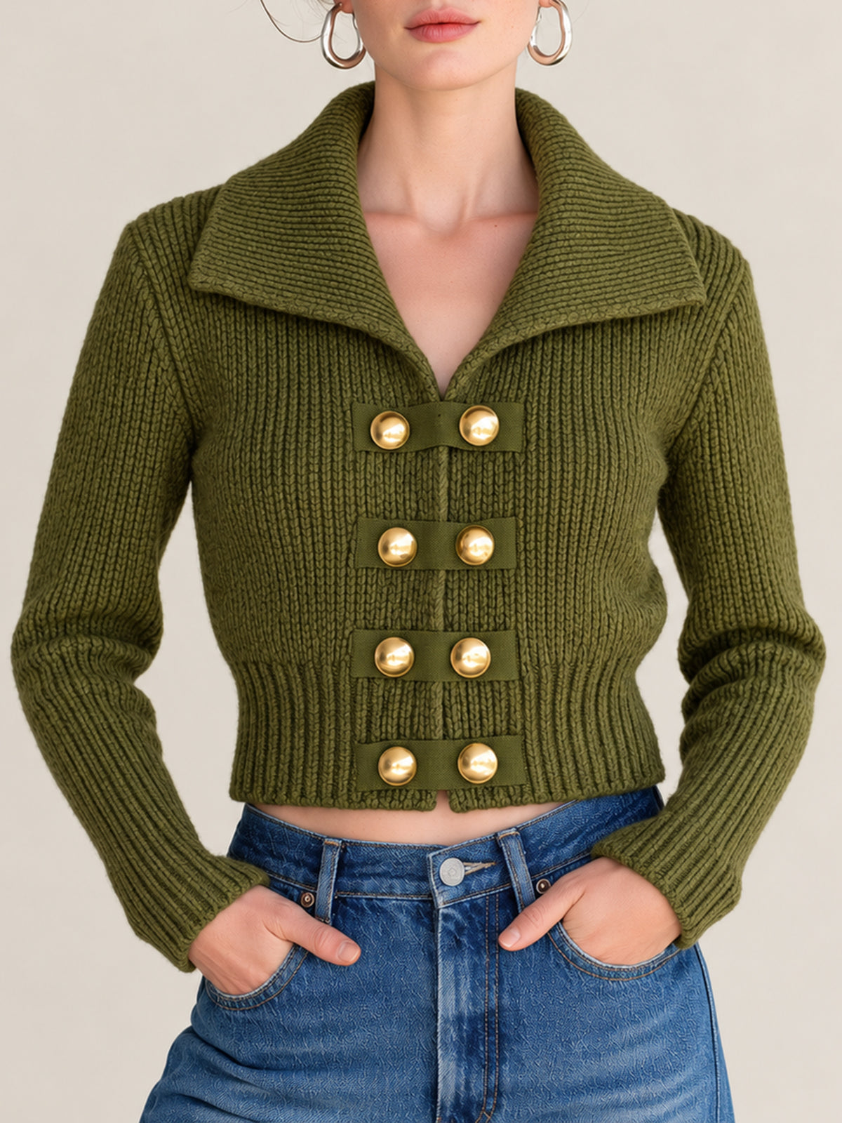 Olive Green Cropped Knit Cardigan
