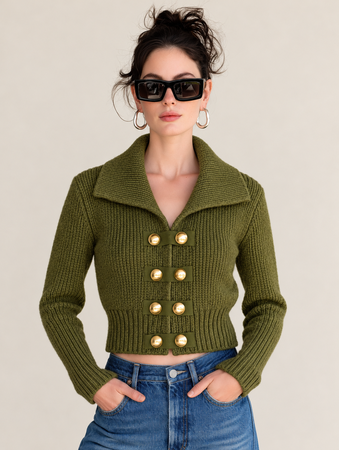 Olive Green Cropped Knit Cardigan