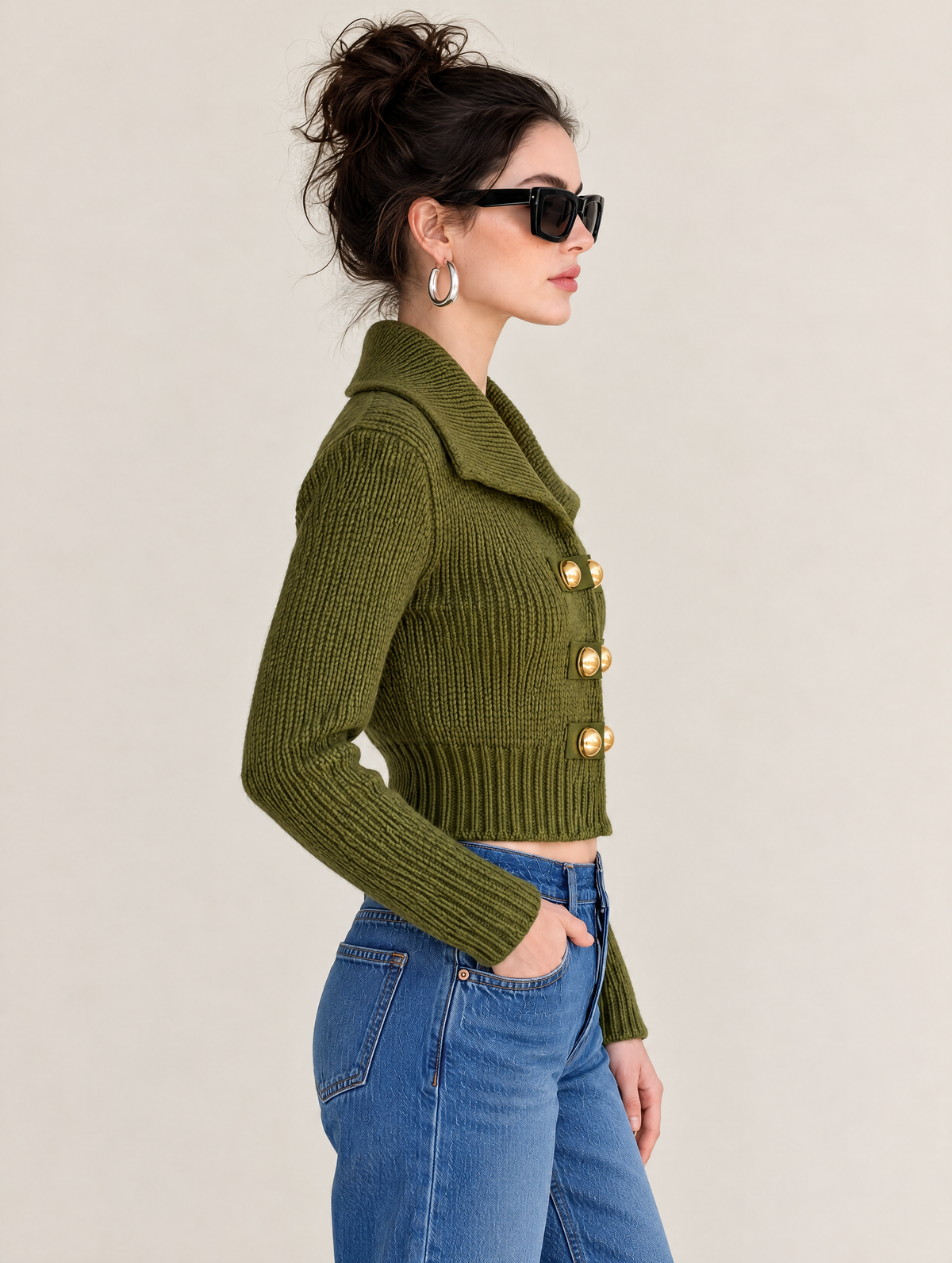 Olive Green Cropped Knit Cardigan