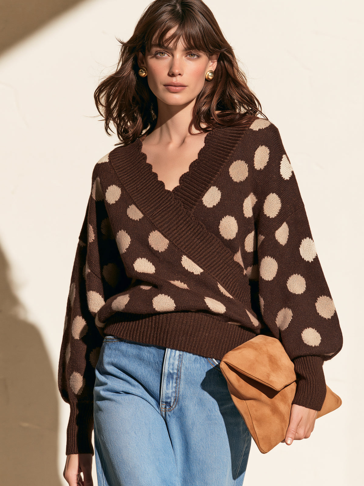 Brown Polka Dot Wrap V-Neck Knit Sweater