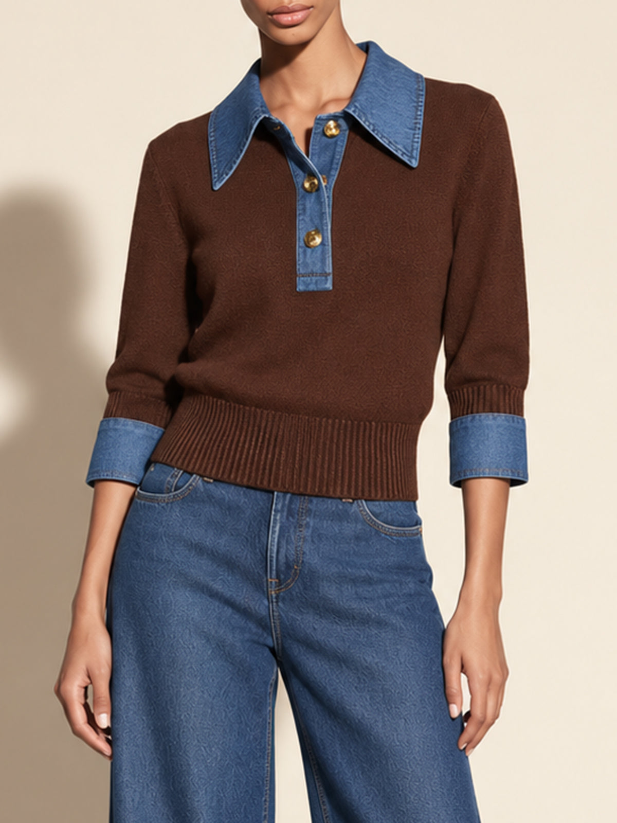 Contrast Denim Collar Brown Knit Polo Sweater