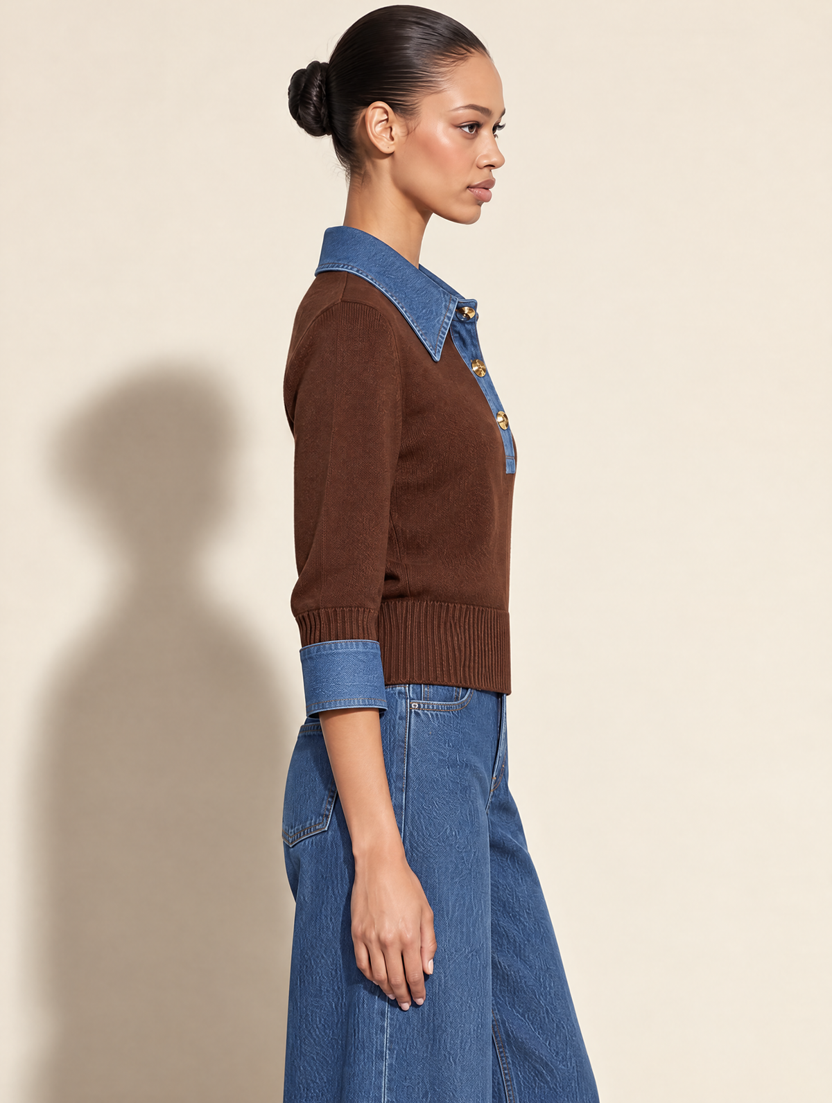 Contrast Denim Collar Brown Knit Polo Sweater