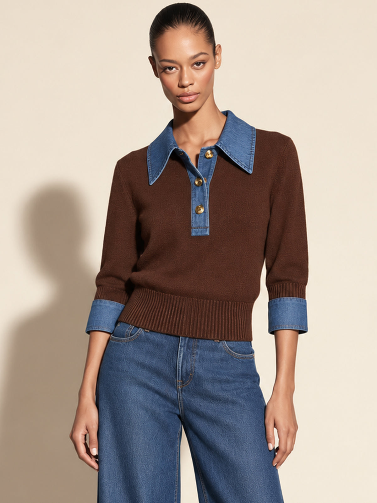 Contrast Denim Collar Brown Knit Polo Sweater