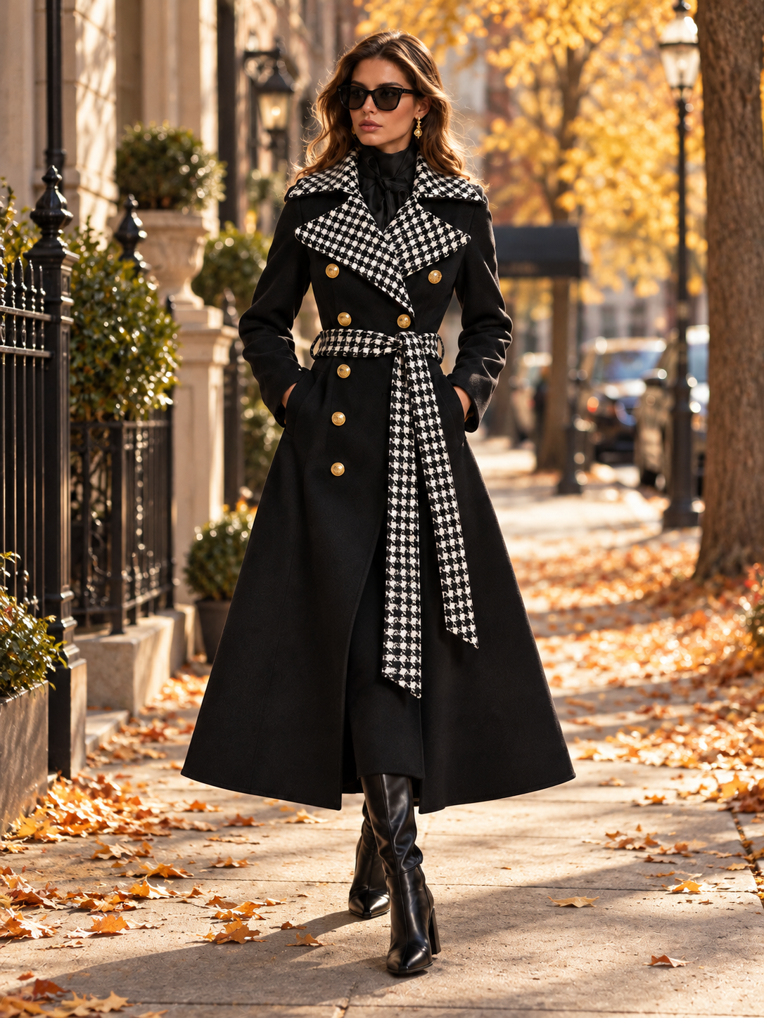 Black Wool-Blend Houndstooth Contrast Lapel Belted Maxi Coat
