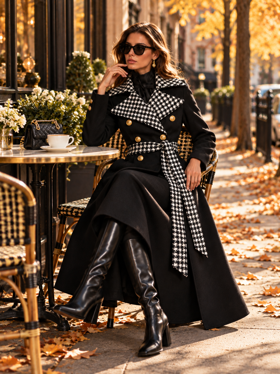 Black Wool-Blend Houndstooth Contrast Lapel Belted Maxi Coat