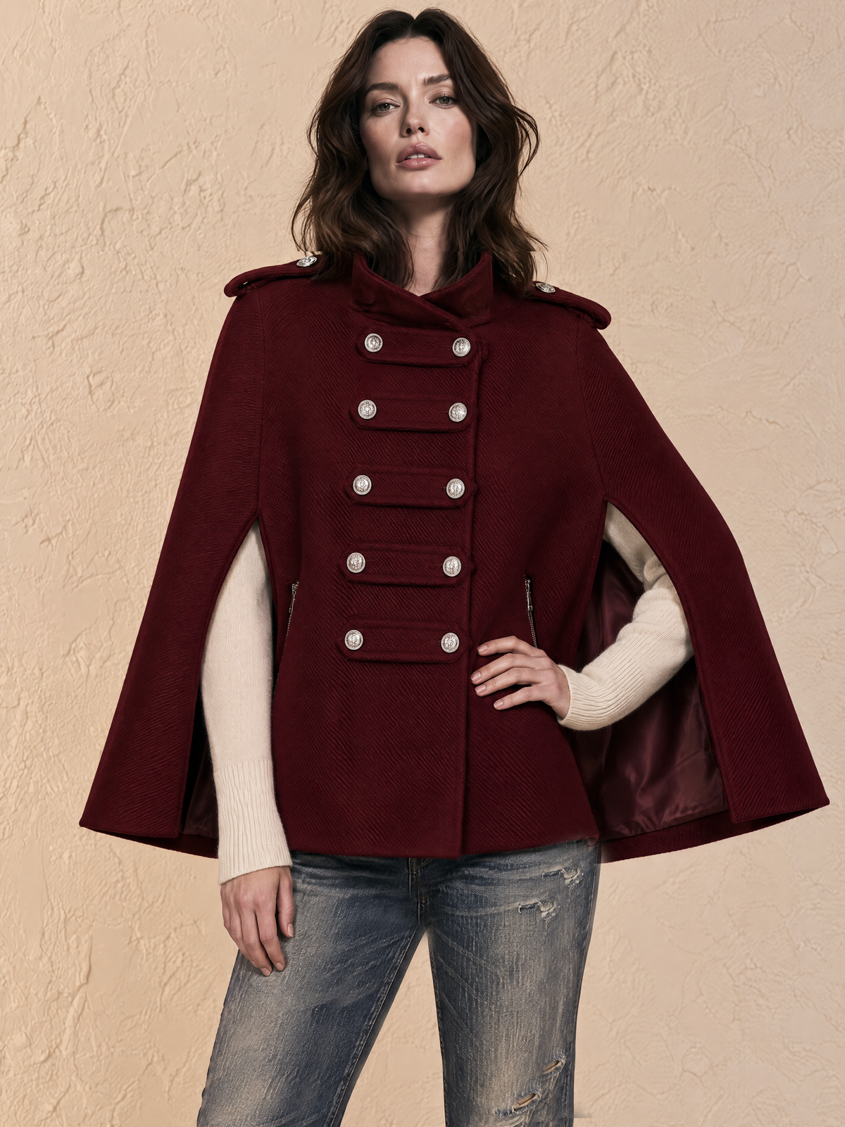 Burgundy High Neck Woolen Cape Coat