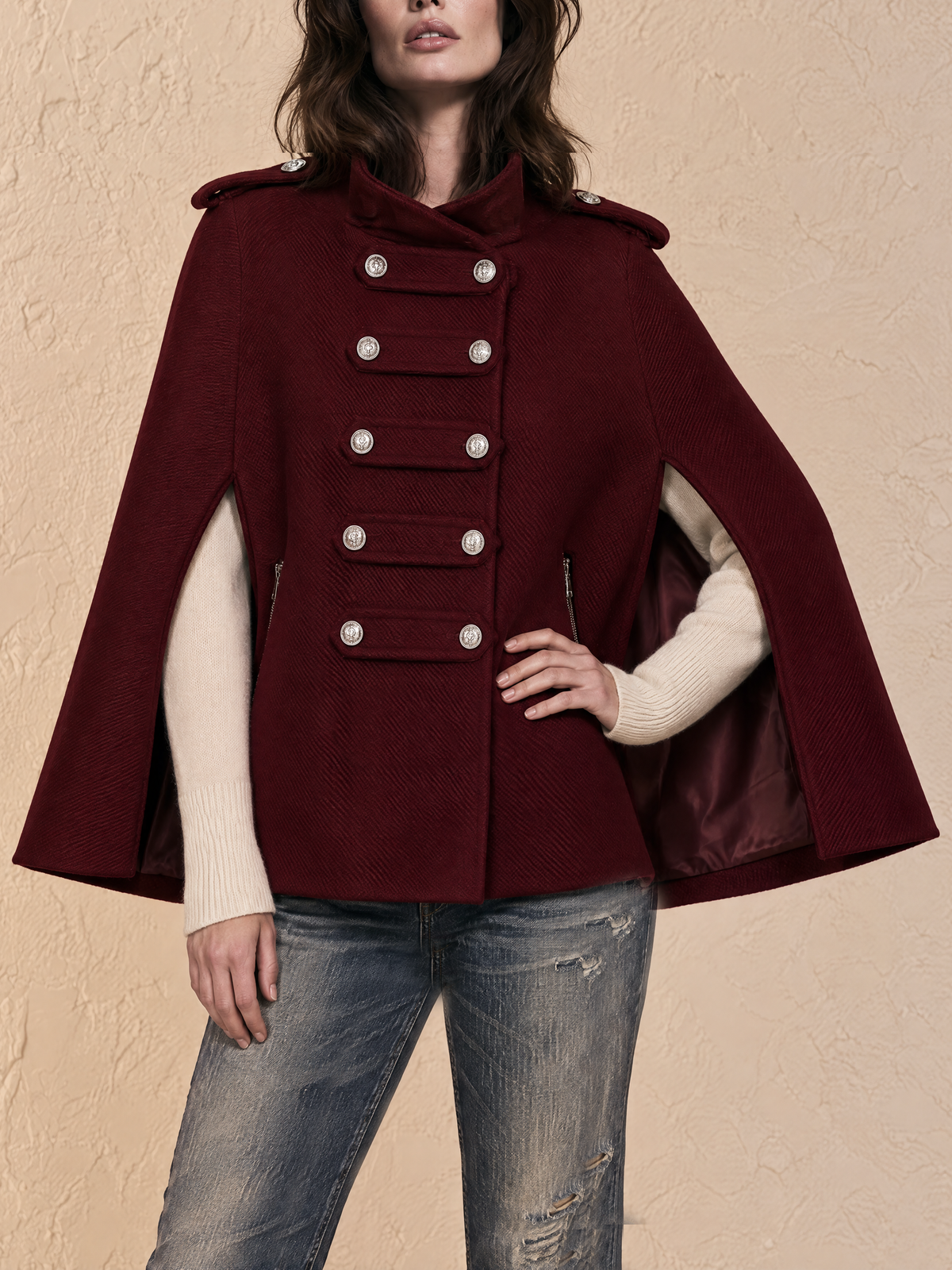 Burgundy High Neck Woolen Cape Coat