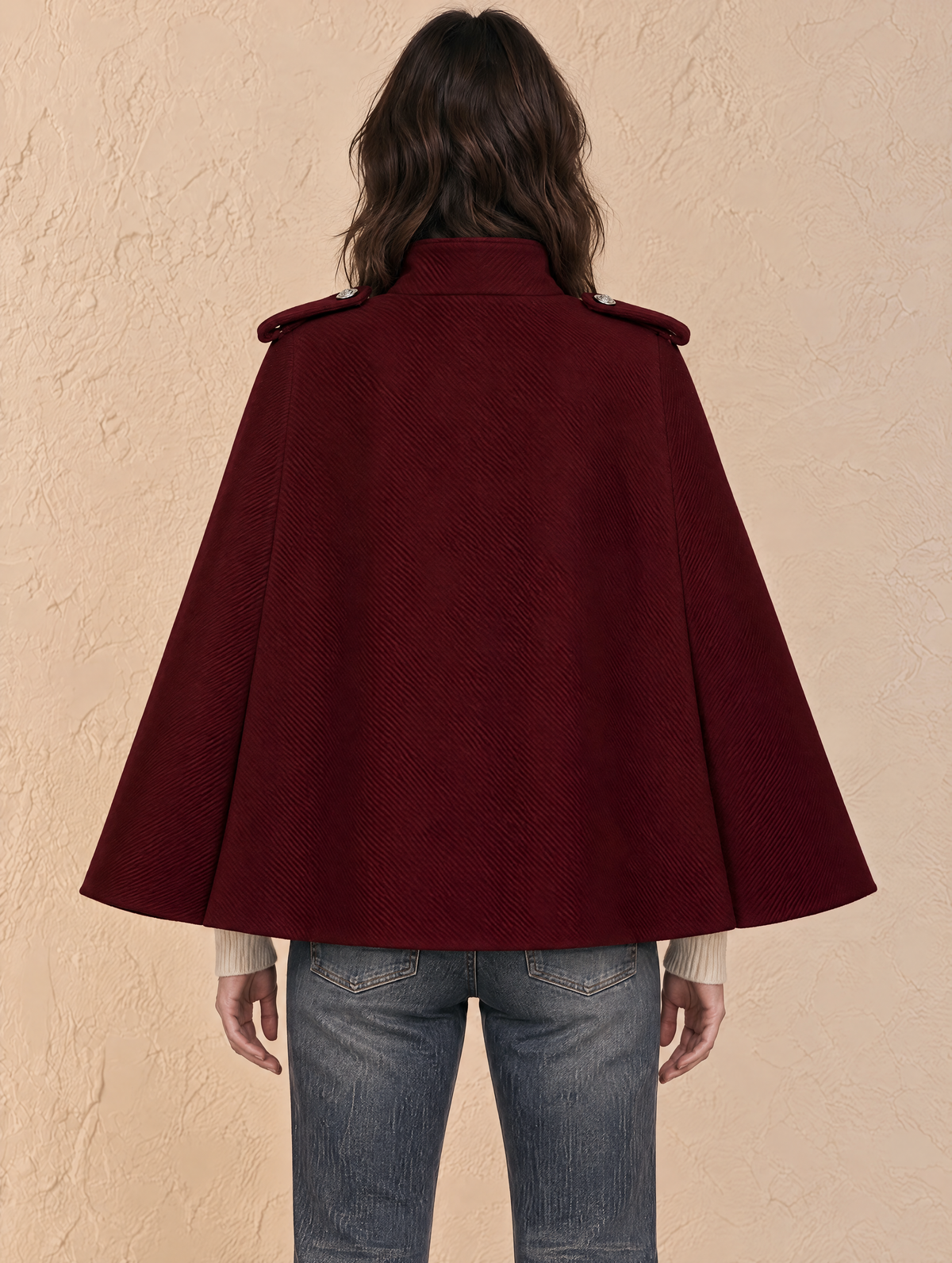 Burgundy High Neck Woolen Cape Coat
