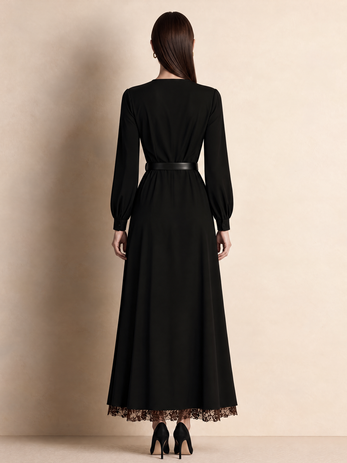 Black V Neck Brown Lace Panel Midi Dress