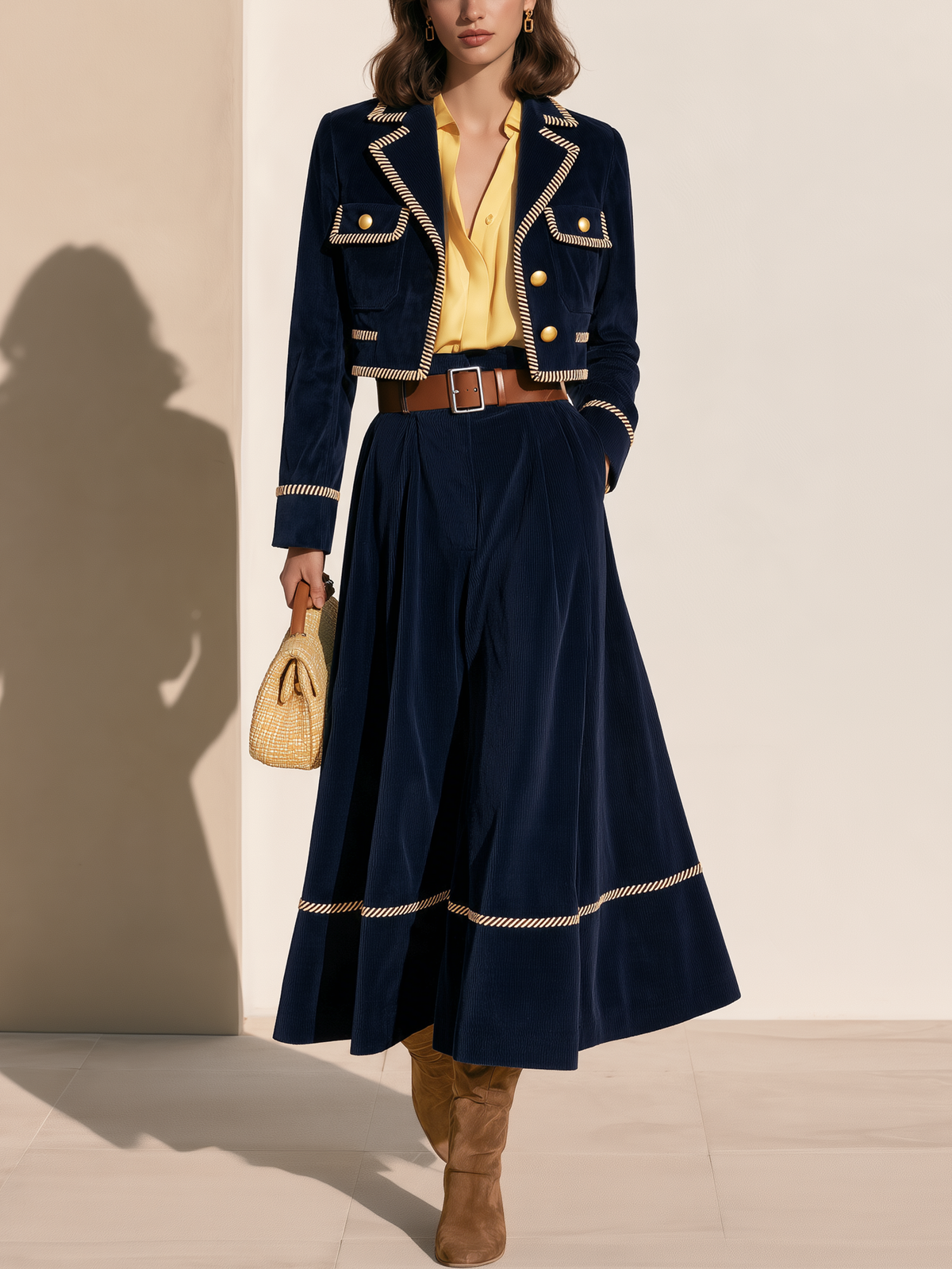 Navy Faux Suede Trimmed Blazer & Corduroy Skirt Two-Piece Set