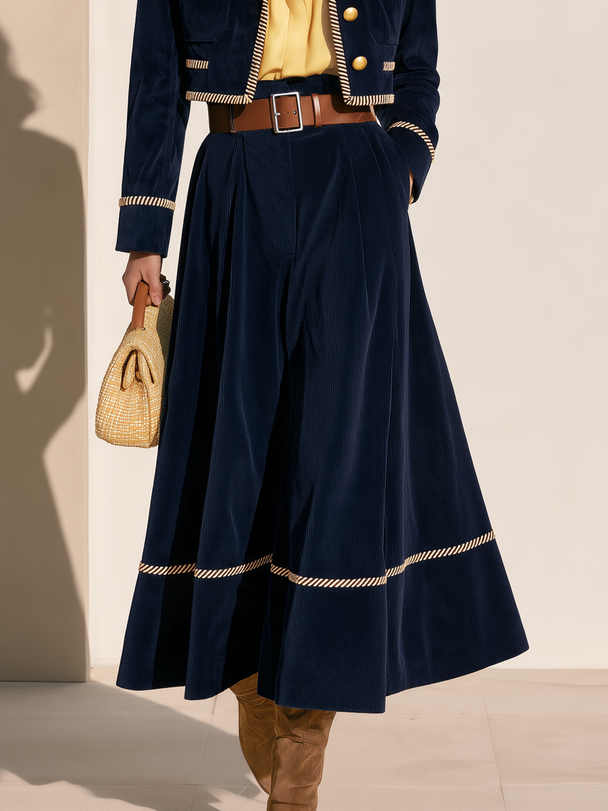 Navy Corduroy Piped High-Waisted Flared Midi Skirt