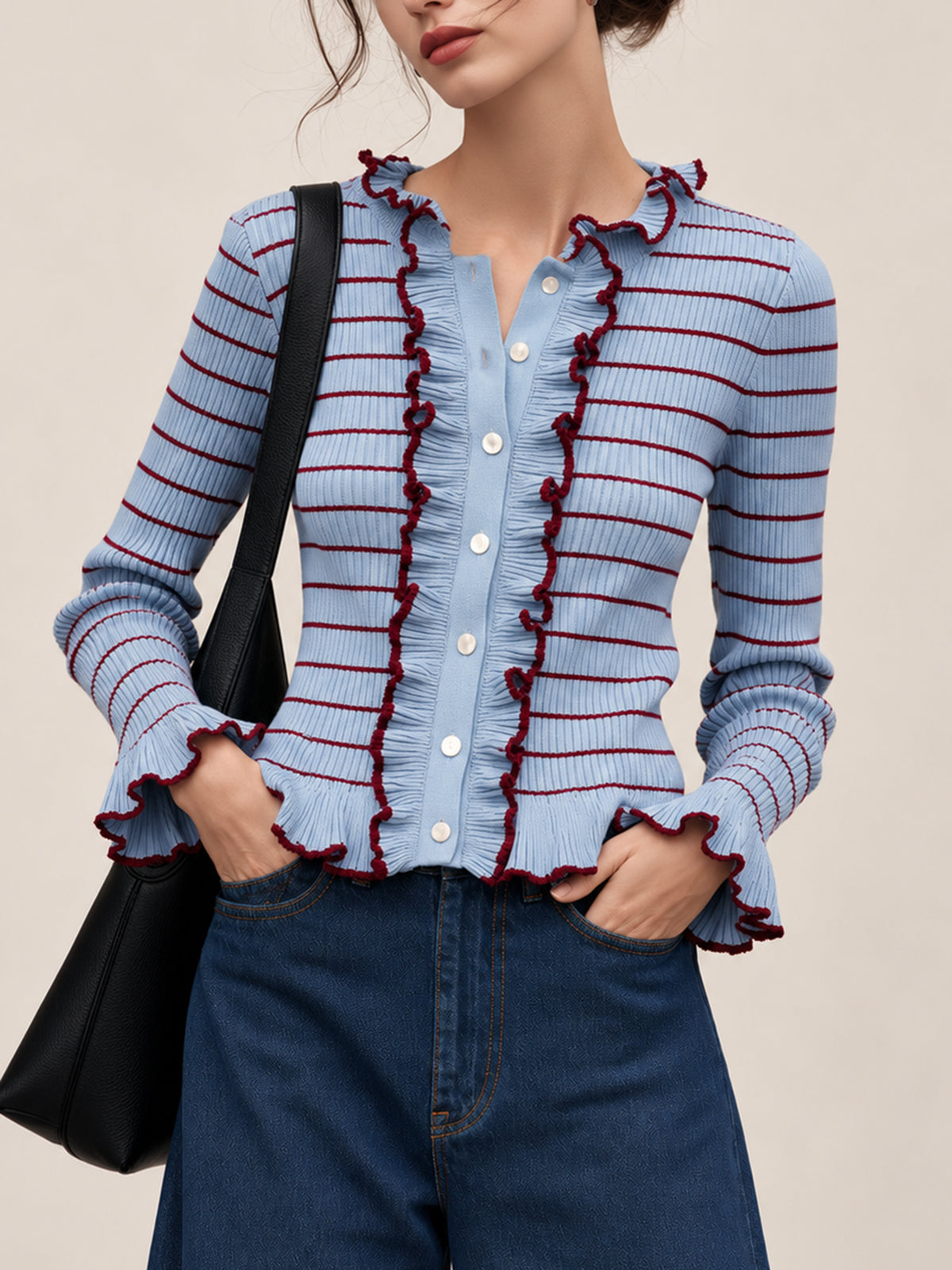 Blue Striped Rib Knit Cardigan