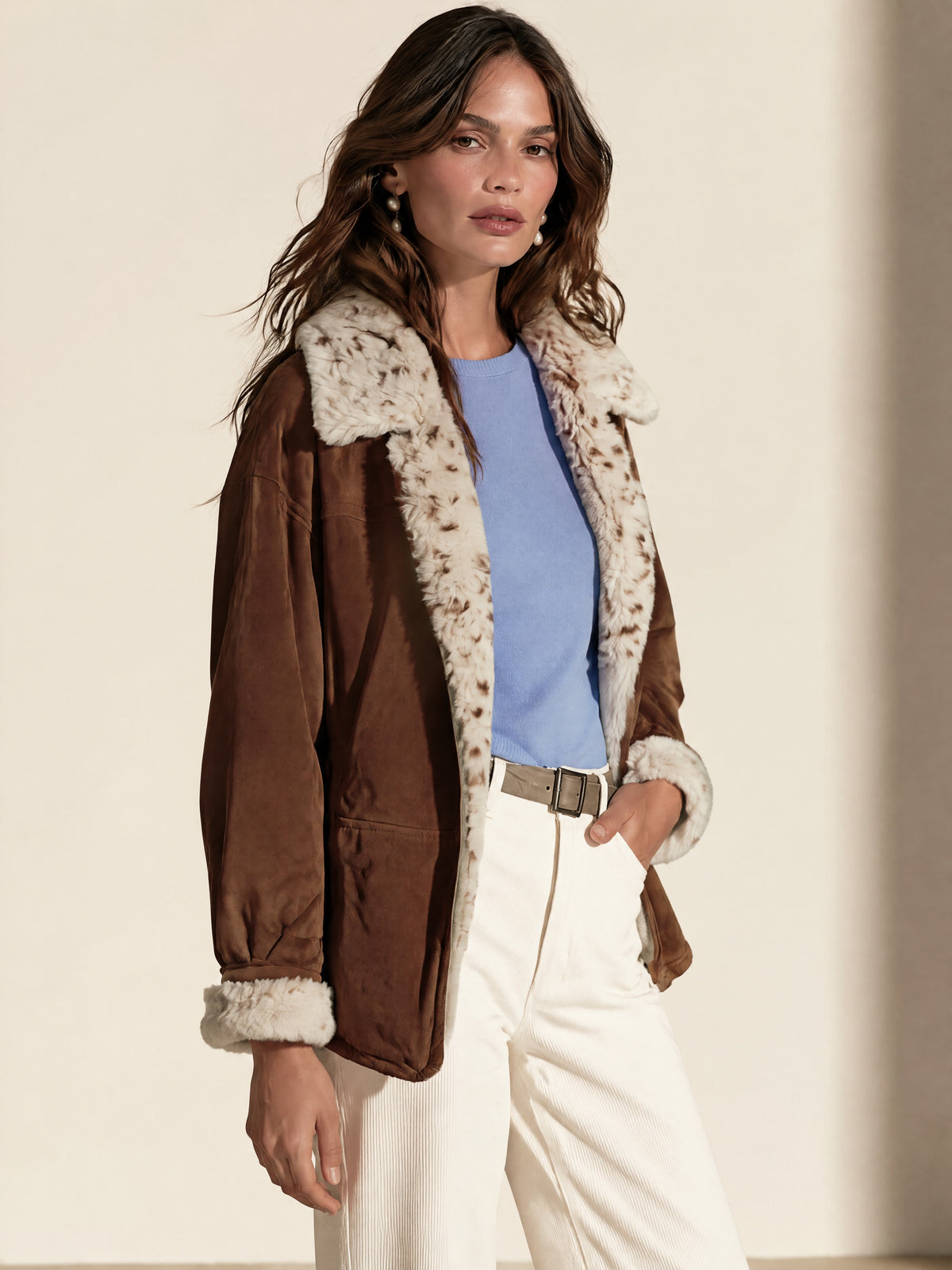 Faux Suede Spotted Fur Trim Jacket