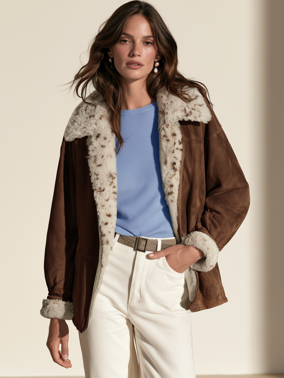 Faux Suede Spotted Fur Trim Jacket