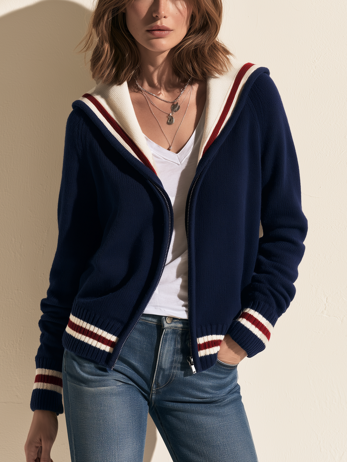 Navy Striped Sailor Collar Zip Knit Cardigan