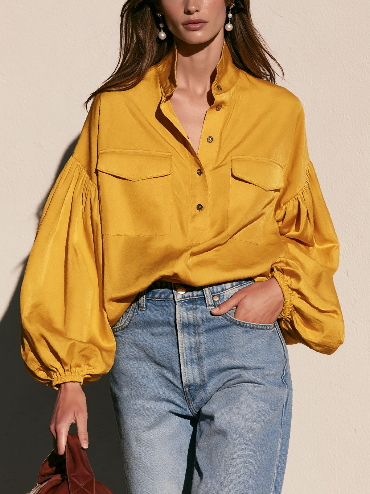 Mustard Yellow Satin Balloon Sleeve Blouse