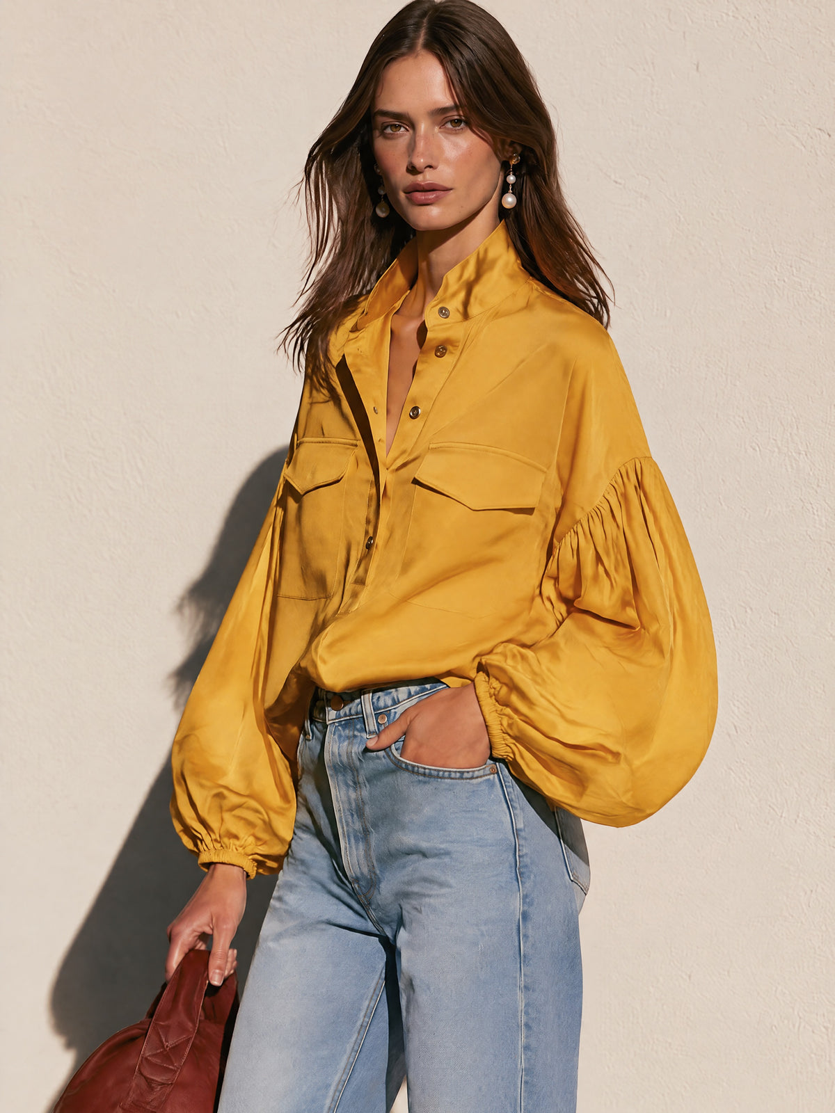 Mustard Yellow Satin Balloon Sleeve Blouse