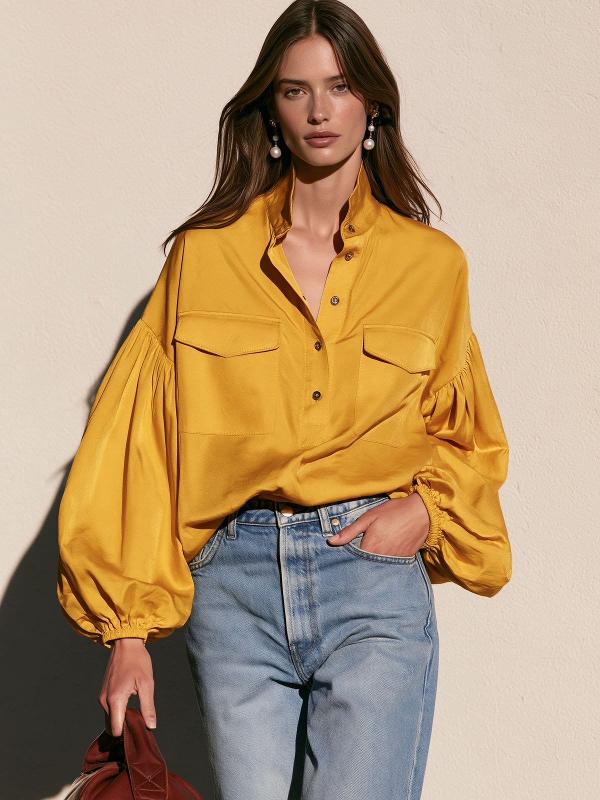 Mustard Yellow Satin Balloon Sleeve Blouse