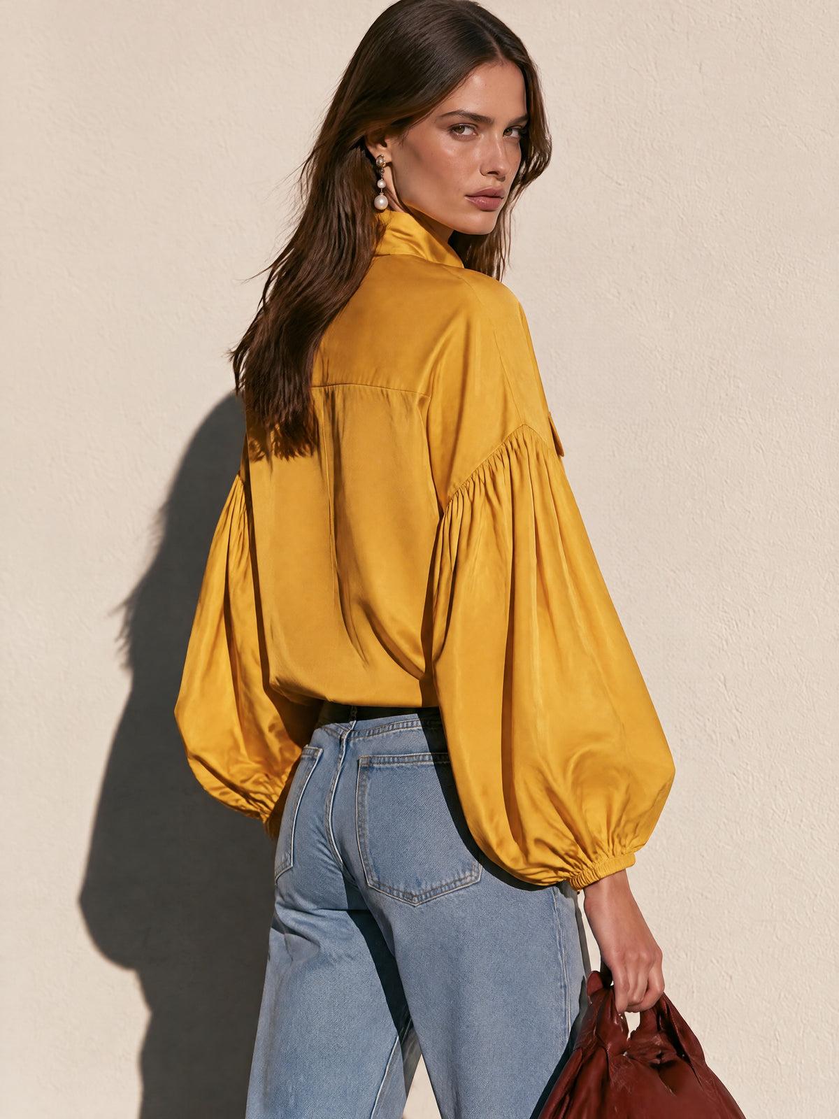 Mustard Yellow Satin Balloon Sleeve Blouse
