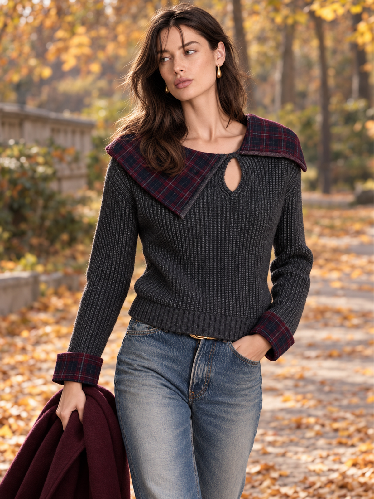Charcoal Gray & Burgundy Plaid-Collar Wool Knit Sweater
