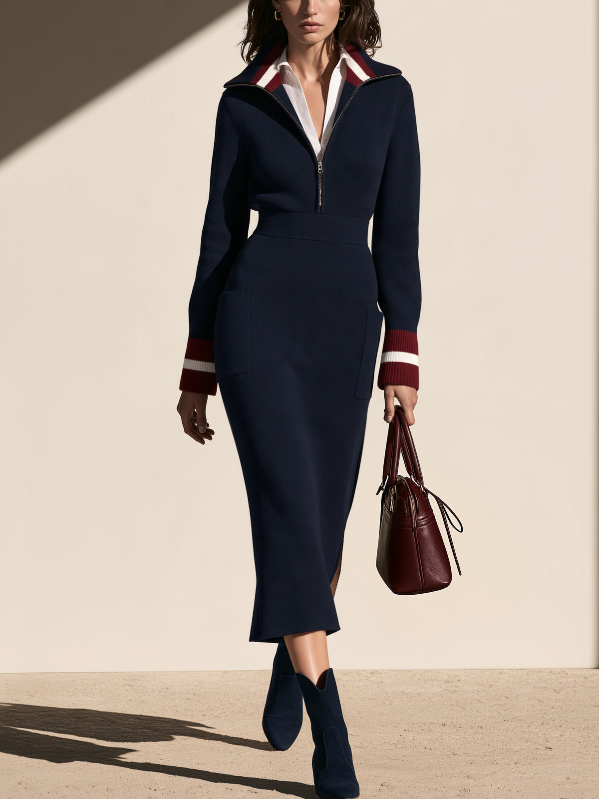 Navy Half-Zip Stand Collar Midi Dress