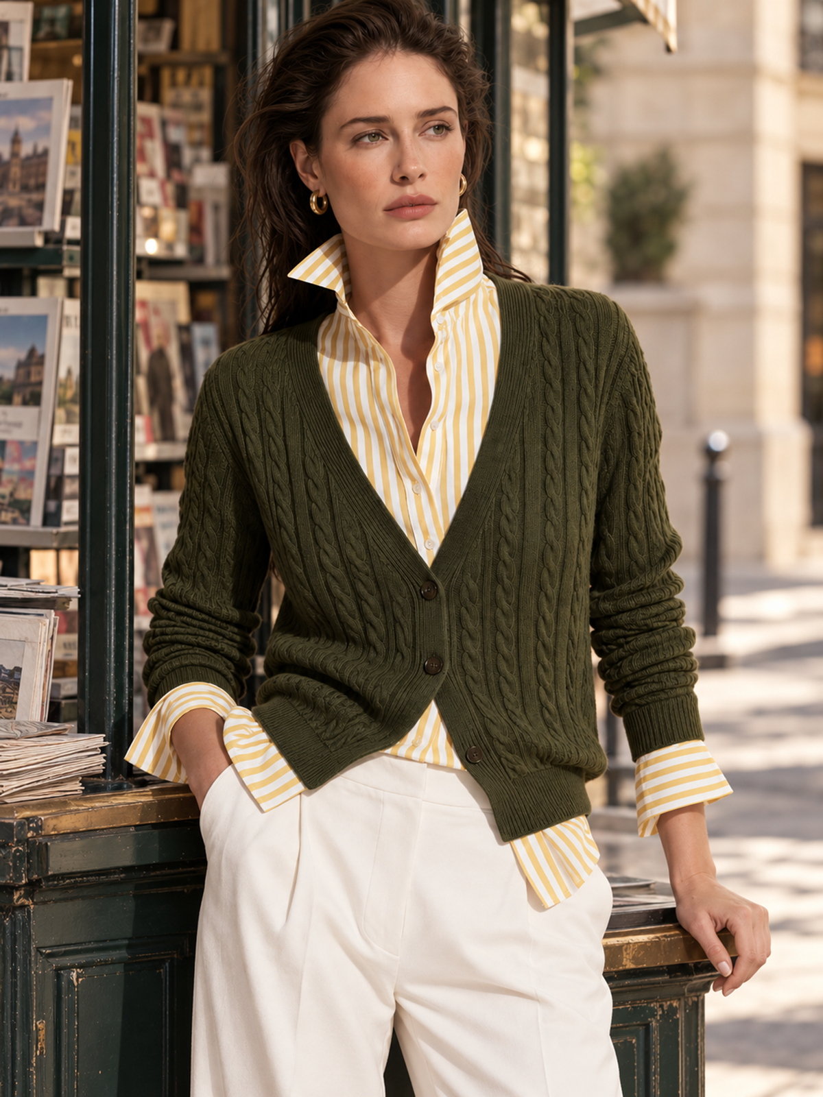 Olive Green And Yellow Shirt Collar Wool Knit Faux Two Piece Cardigan