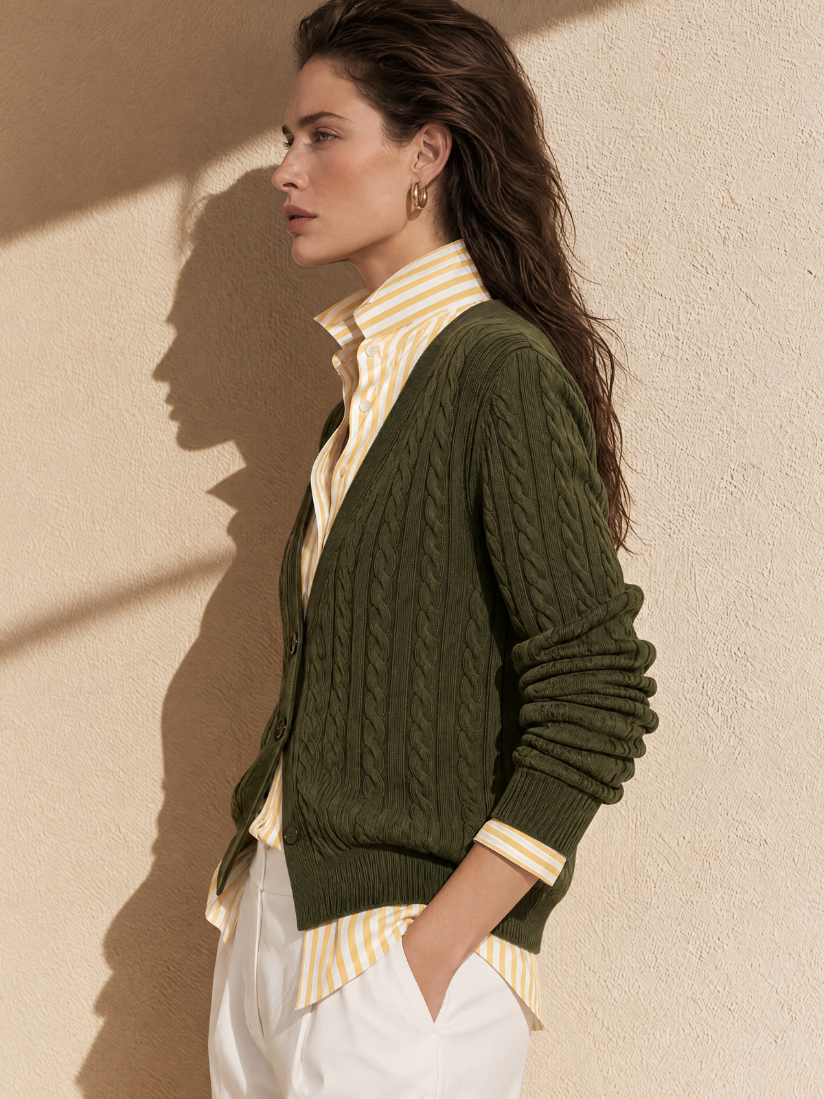 Olive Green And Yellow Shirt Collar Wool Knit Faux Two Piece Cardigan