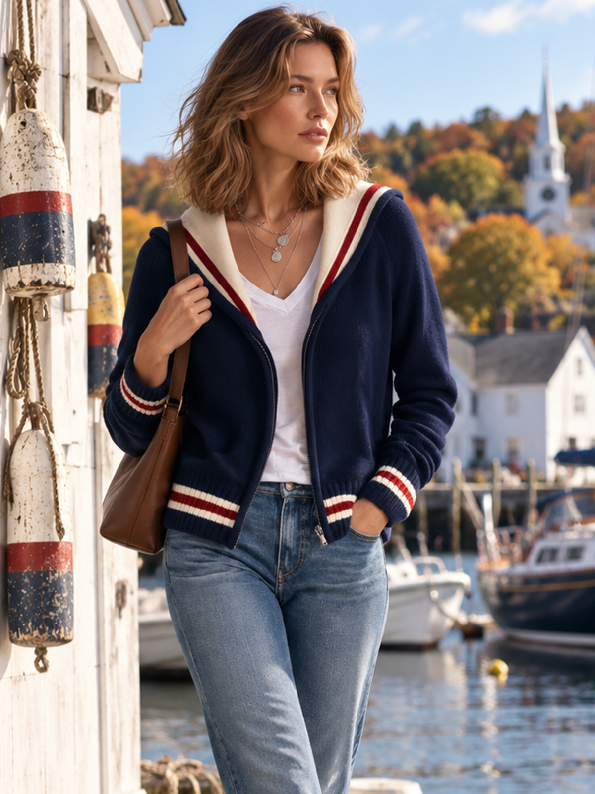 Navy Striped Sailor Collar Zip Knit Cardigan