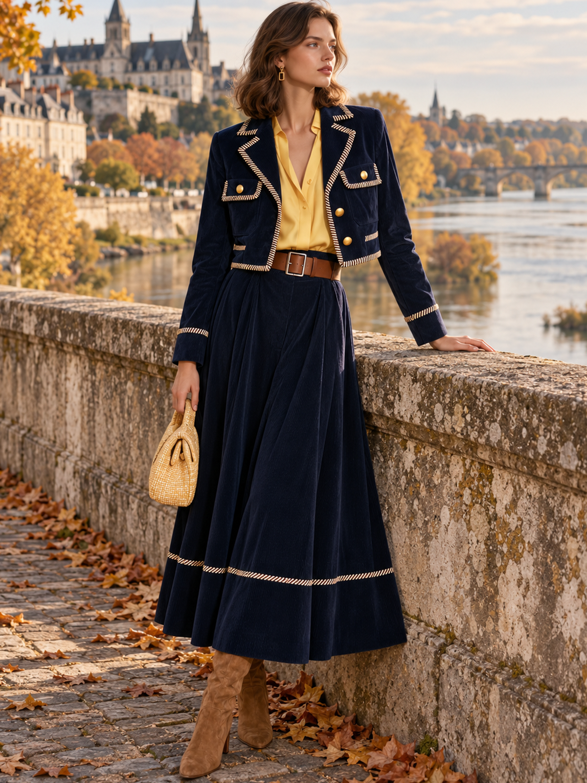 Navy Faux Suede Trimmed Blazer & Corduroy Skirt Two-Piece Set