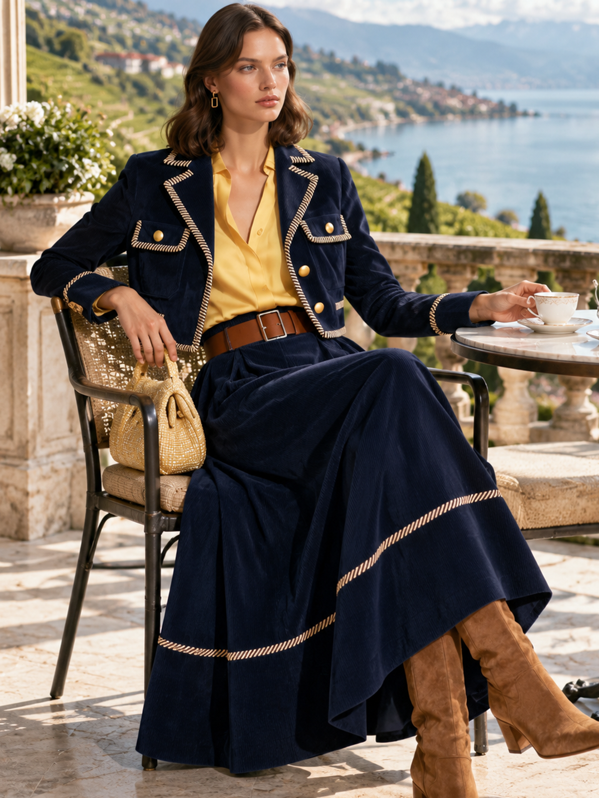 Navy Corduroy Piped High-Waisted Flared Midi Skirt