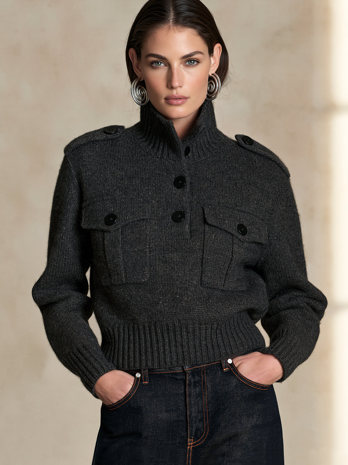 Charcoal Grey High Neck Knit Pullover Sweater