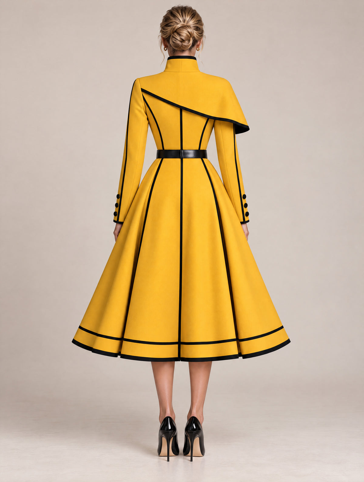 Yellow Contrast Piped Cape Shoulder Belted Midi Dress