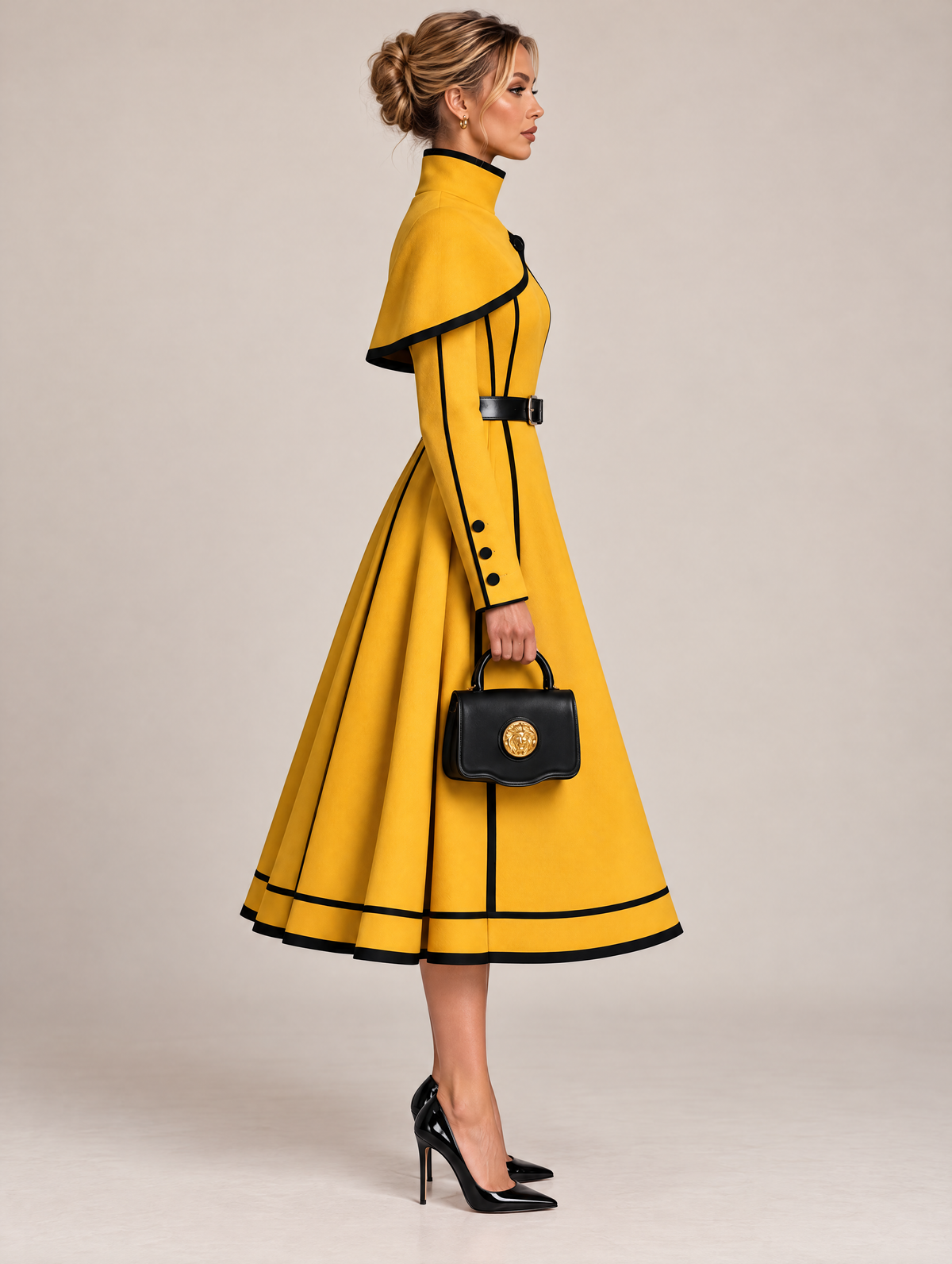Yellow Contrast Piped Cape Shoulder Belted Midi Dress