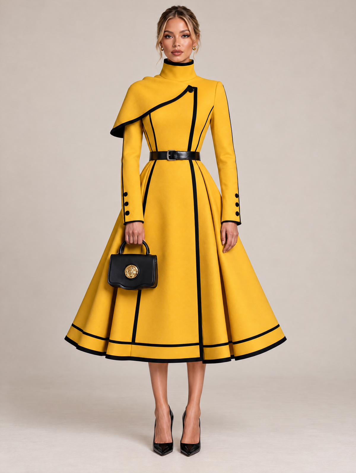 Yellow Contrast Piped Cape Shoulder Belted Midi Dress