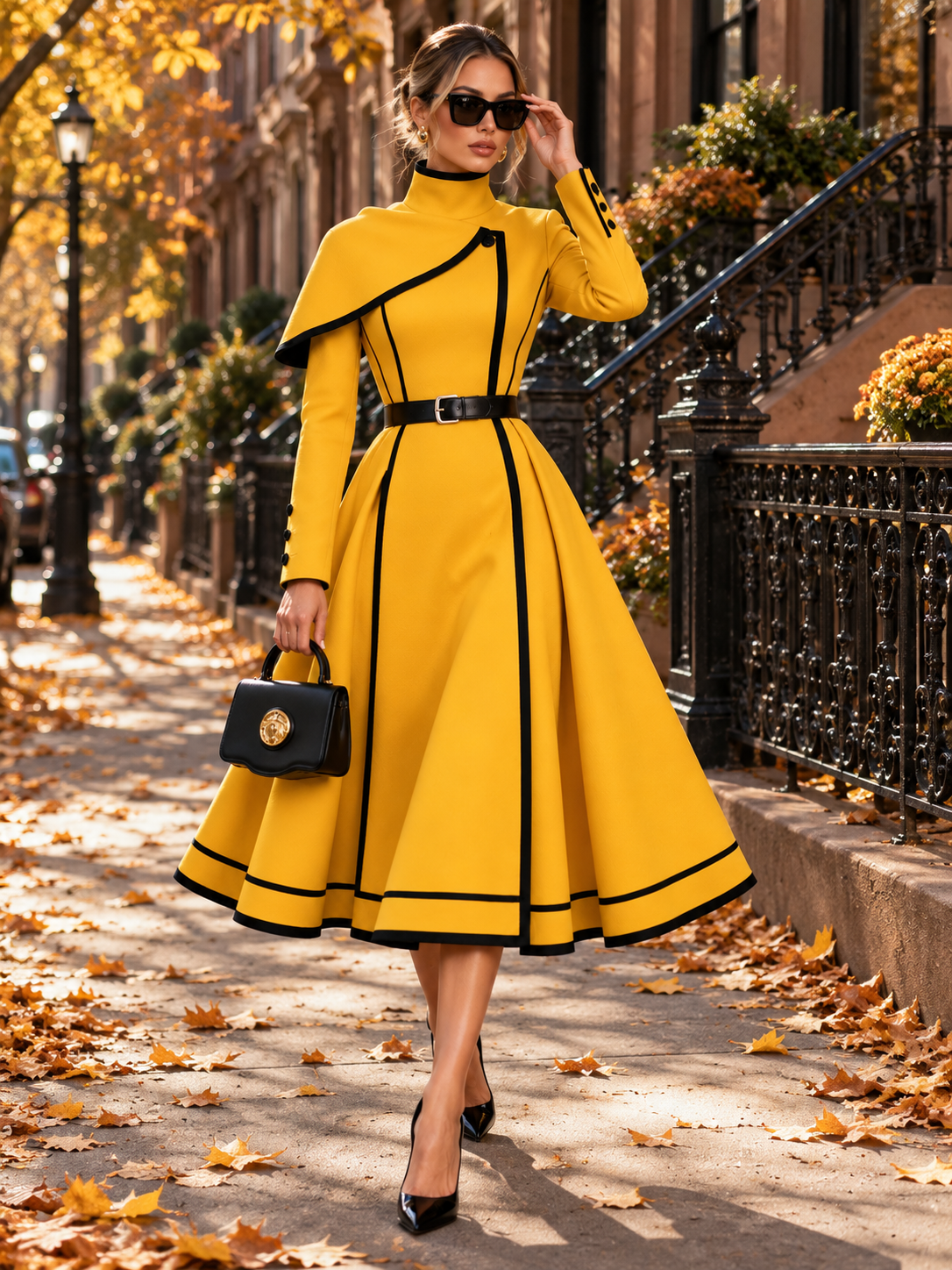 Yellow Contrast Piped Cape Shoulder Belted Midi Dress