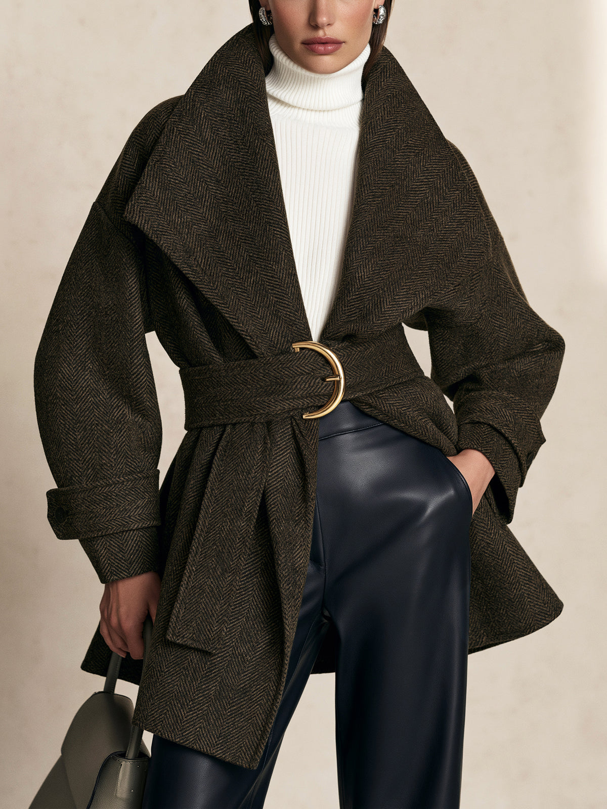 Herringbone Belted Wrap Coat Outerwear