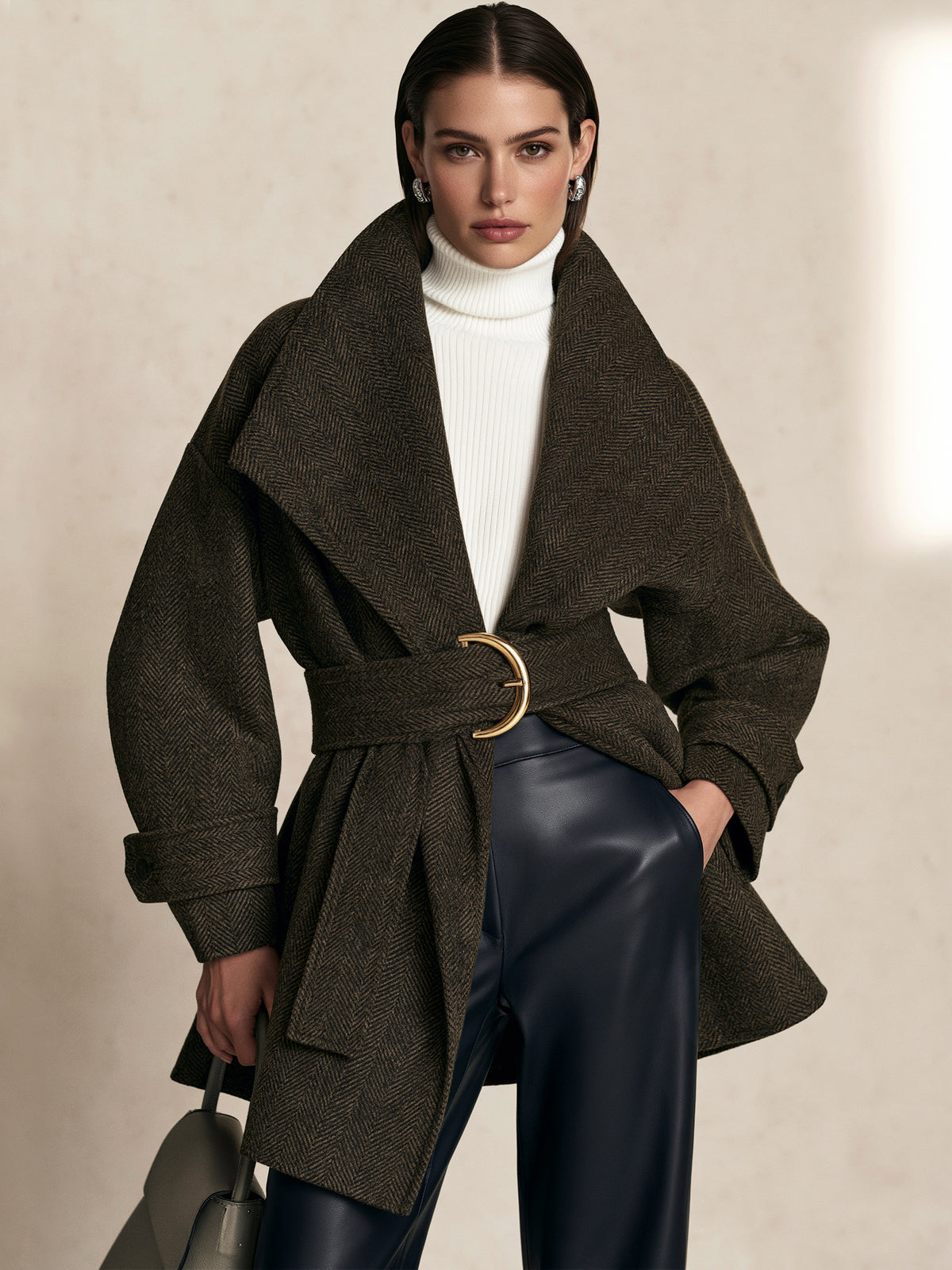 Herringbone Belted Wrap Coat Outerwear