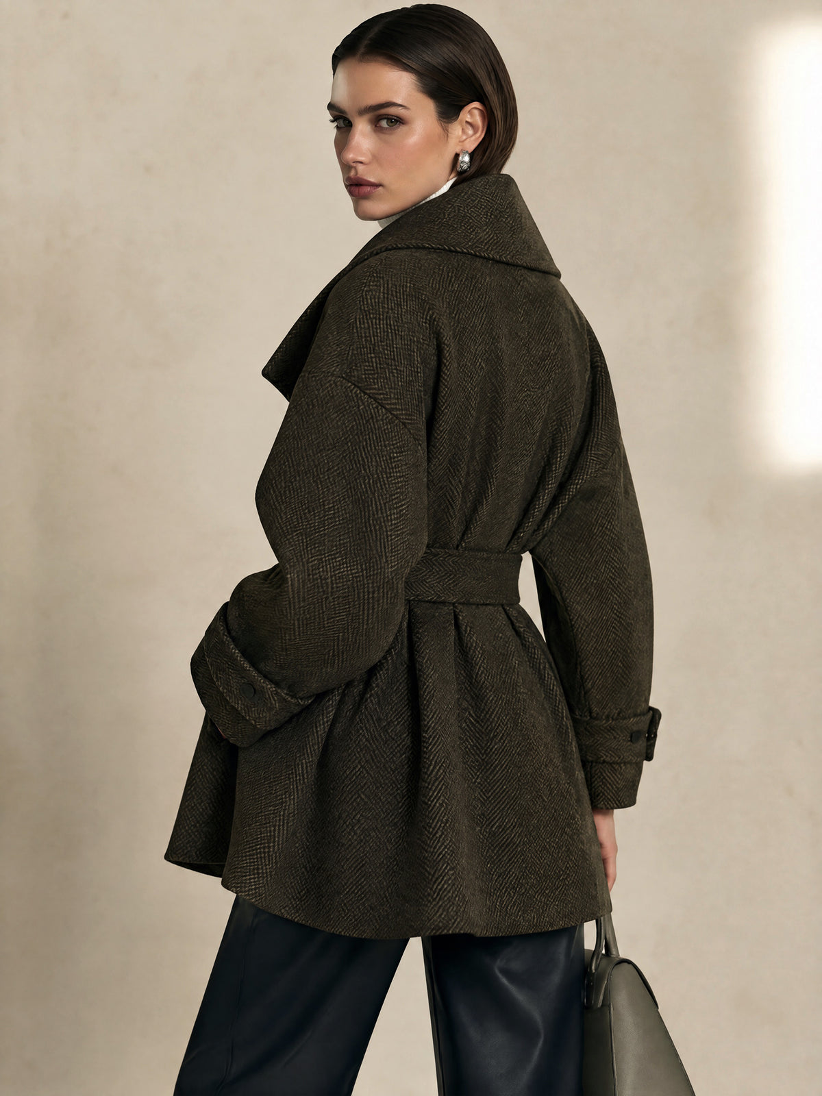 Herringbone Belted Wrap Coat Outerwear