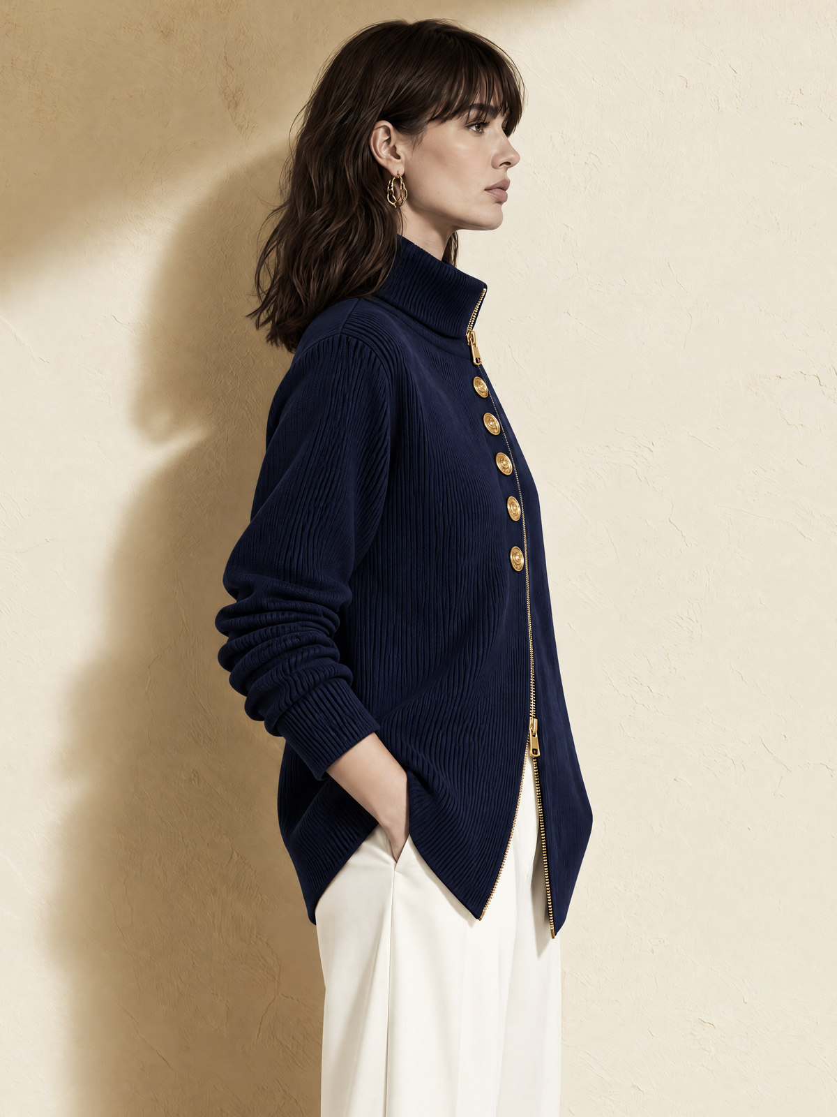 Navy Blue Asymmetric Zip Front Wool Knit Cardigan